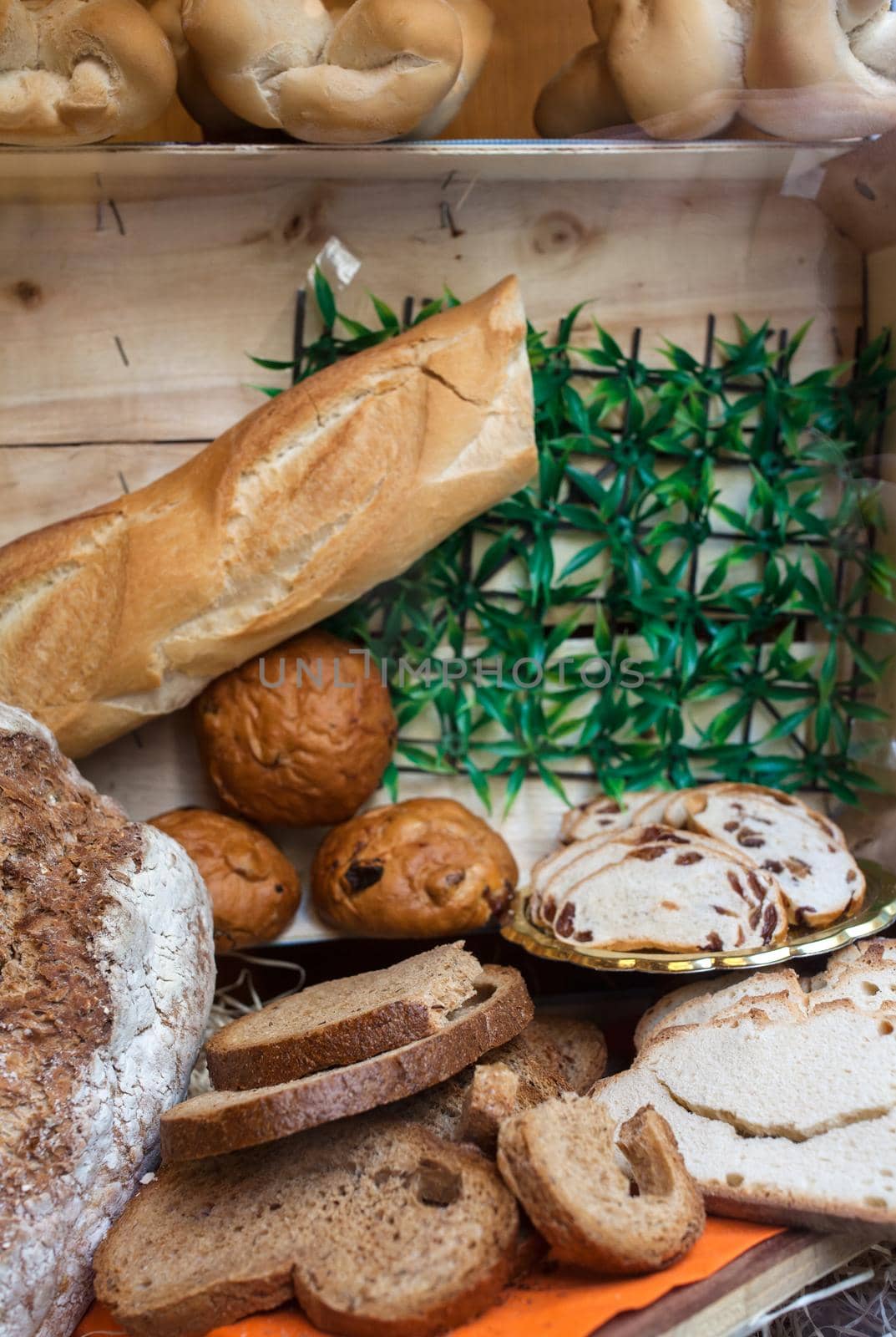 View of various typical italian bread in the baker shop