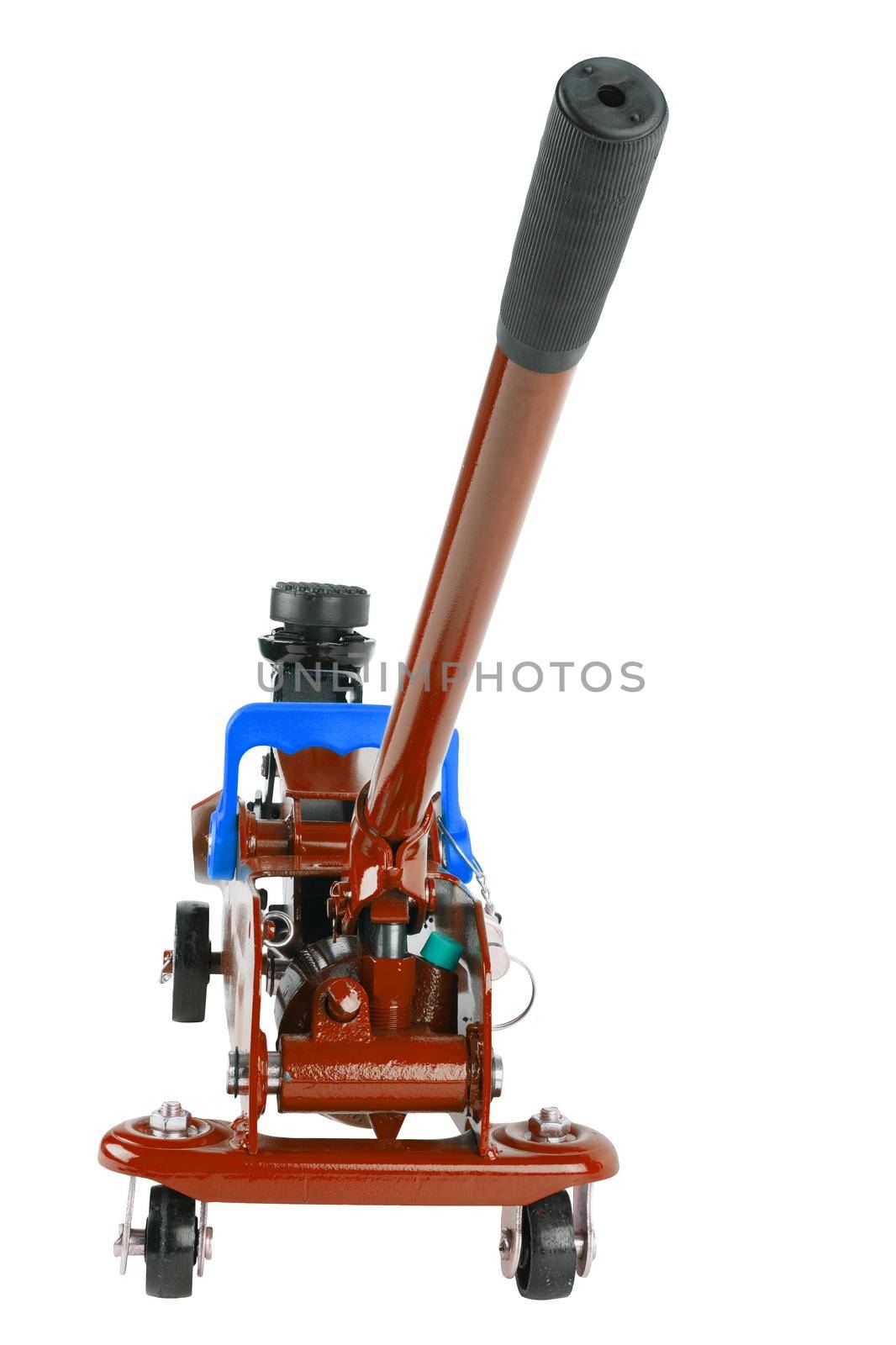 lowered red hydraulic car jack isolated on white background, 2 ton capacity