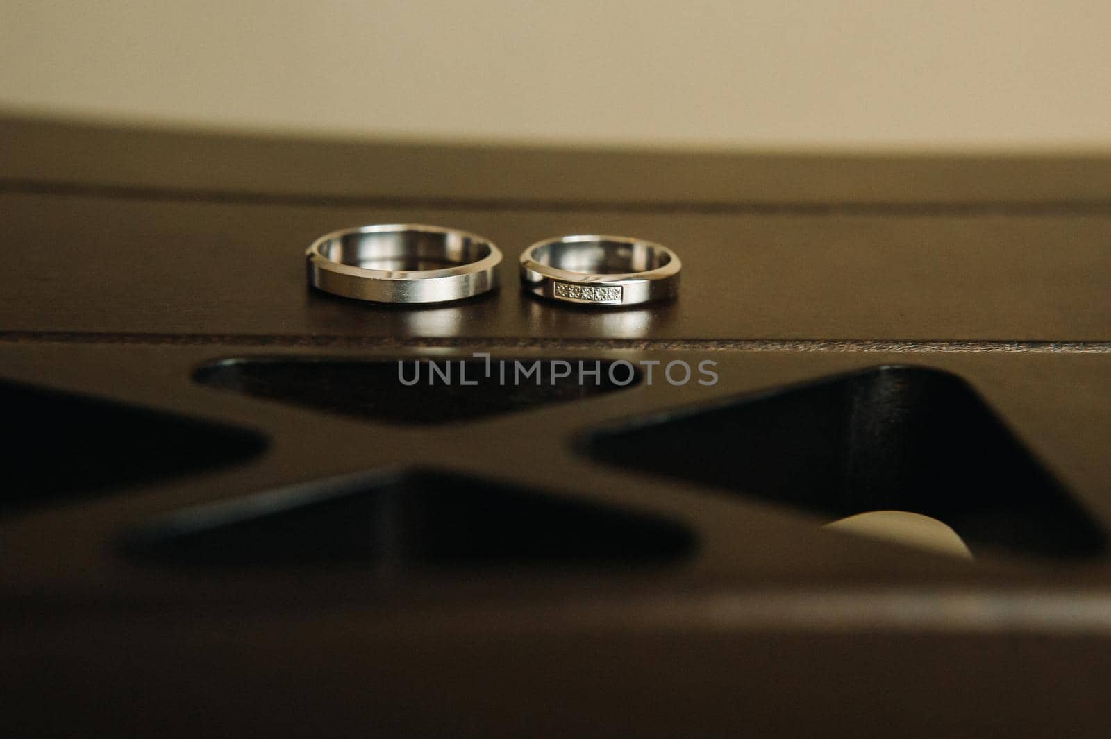 Close-up of two gold wedding rings for a wedding.