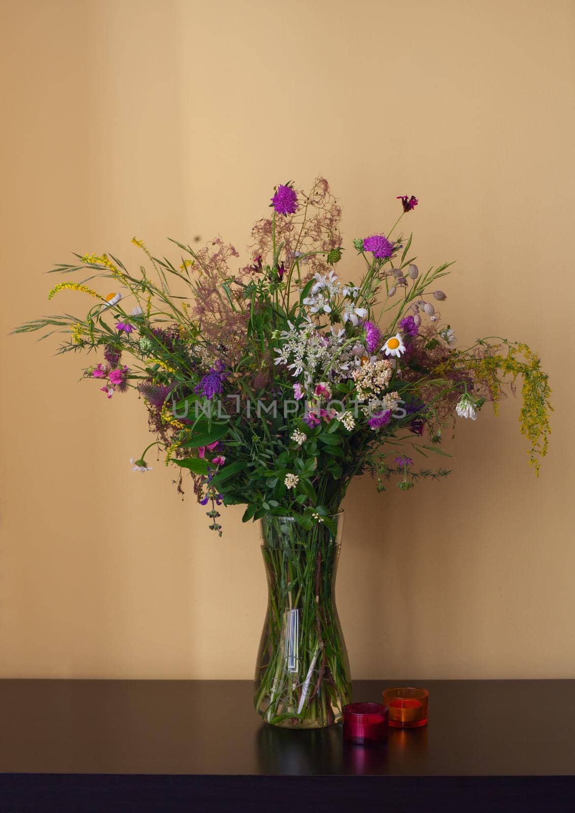 View of bouquet made with countryside flowers
