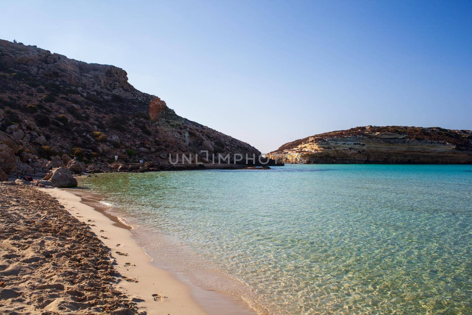 View of the most famous sea place of Lampedusa, It is named Spiaggia dei conigli, in English language Rabbits Beach or Conigli island