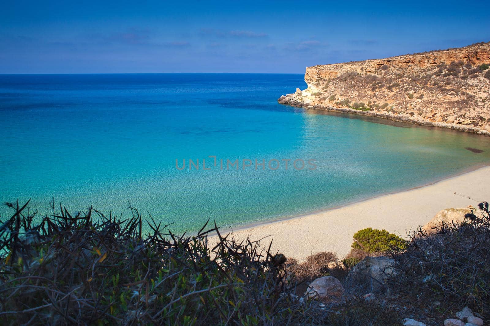 View of the most famous sea place of Lampedusa, It is named Spiaggia dei conigli, in English language Rabbits Beach or Conigli island