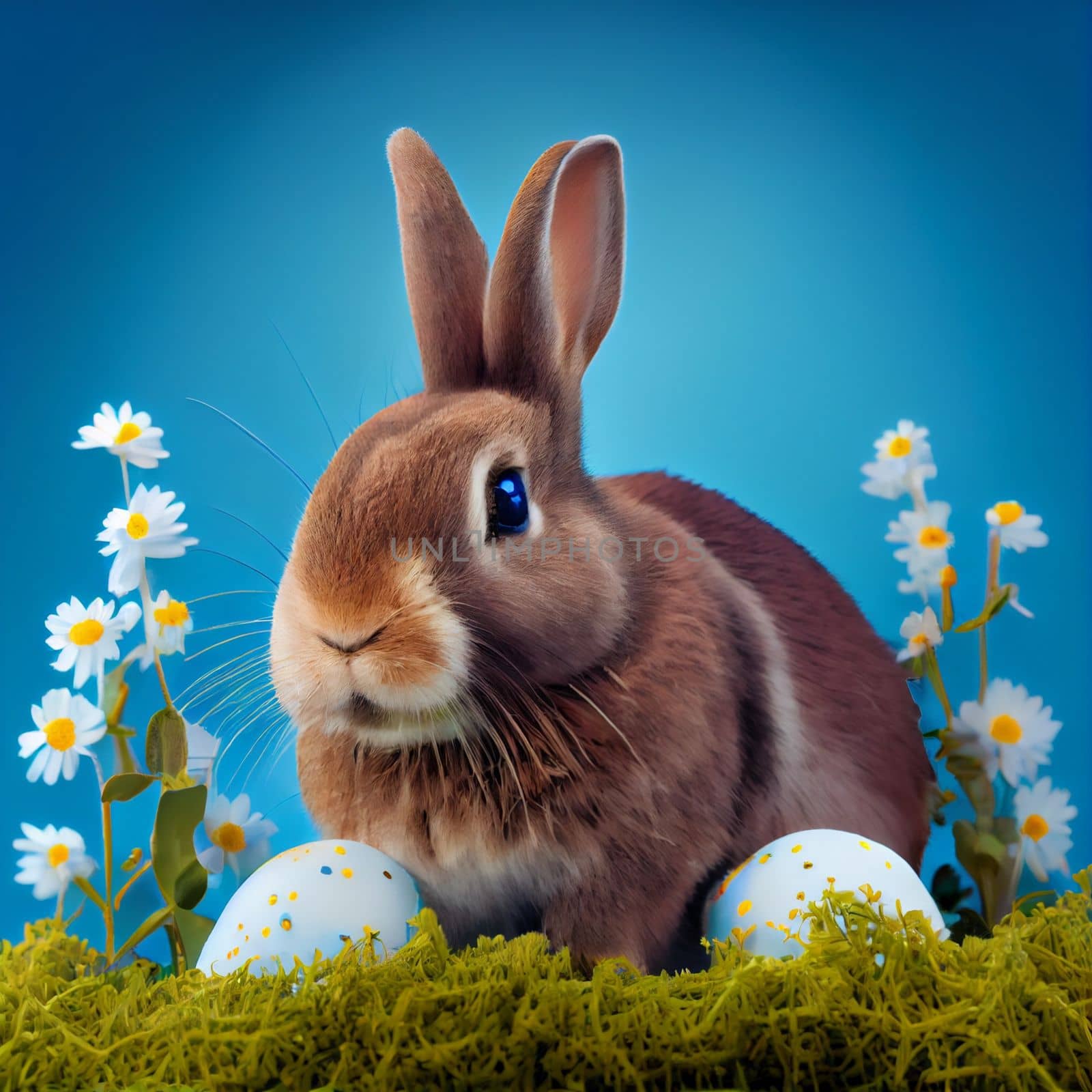 Rabbit and easter eggs in green grass with blue sky. Generative AI by lucia_fox