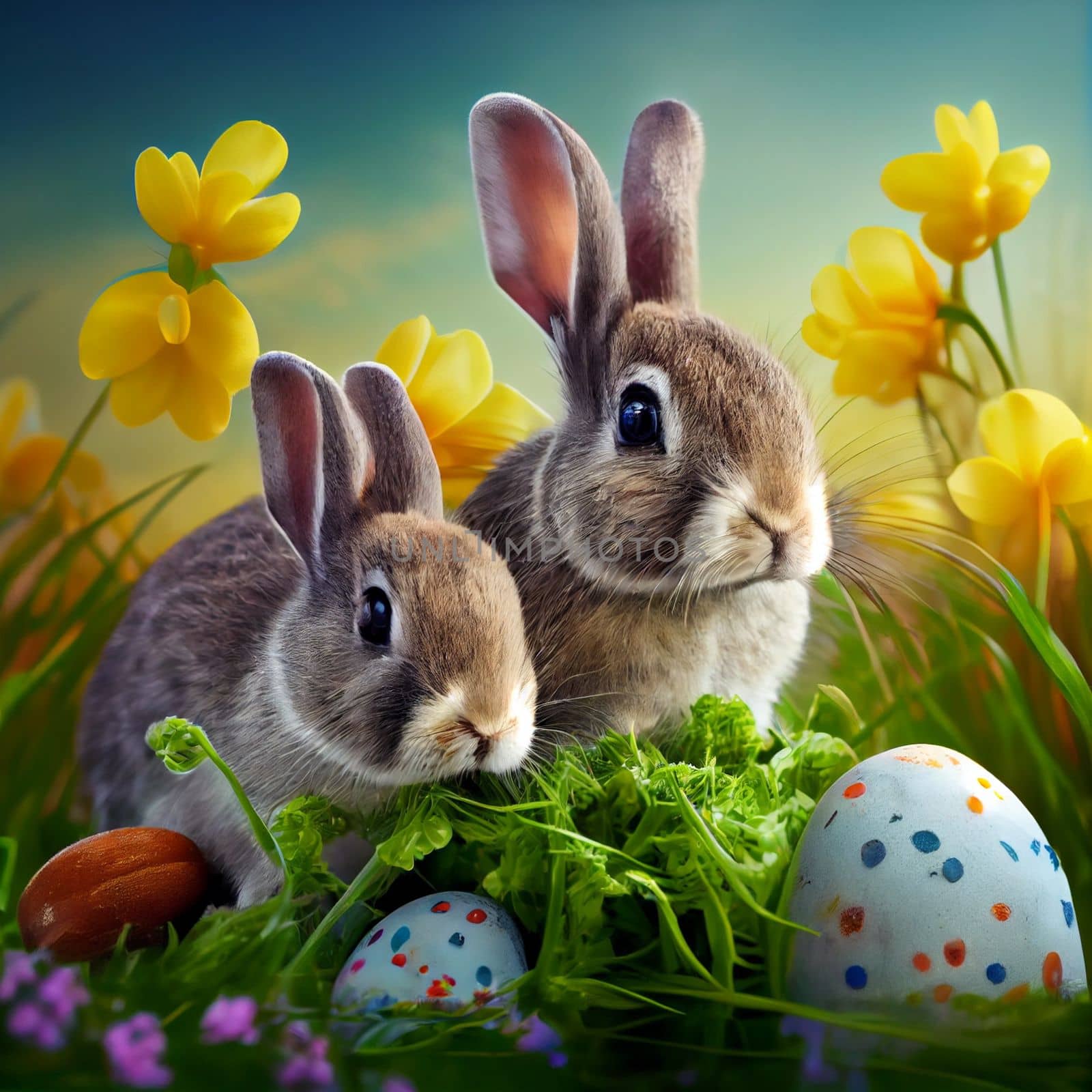 Rabbit and easter eggs in green grass with blue sky. Generative AI by lucia_fox