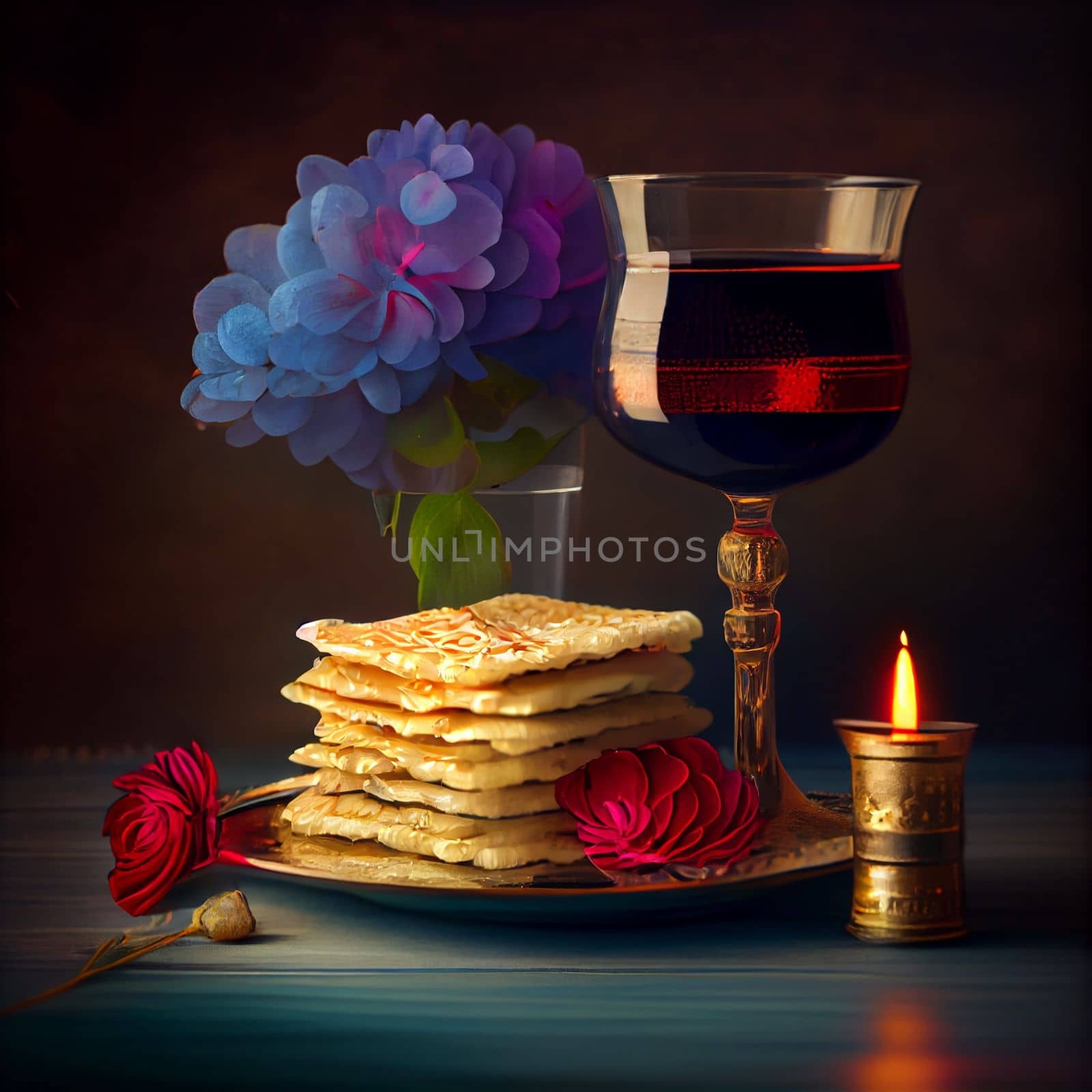 Pesah celebration, jewish Passover holiday. flowers and matza greeting card. AI Generative by lucia_fox