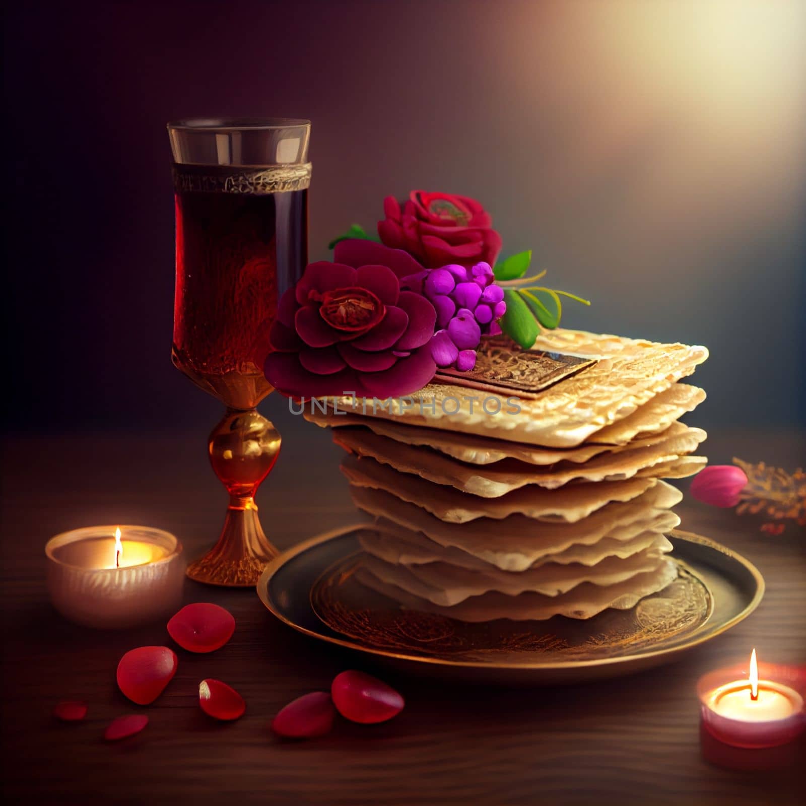 Pesah celebration, jewish Passover holiday. flowers and matza greeting card. AI Generative by lucia_fox