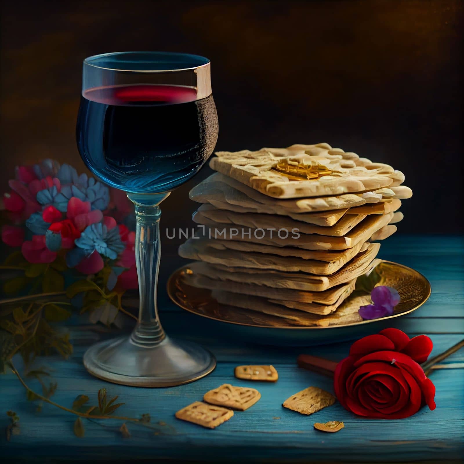 Pesah celebration, jewish Passover holiday. flowers and matza greeting card. AI Generative by lucia_fox