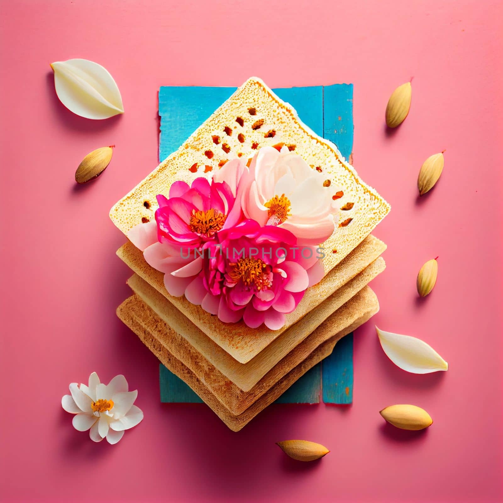 Pesah celebration, jewish Passover holiday. flowers and matza greeting card. AI Generative by lucia_fox