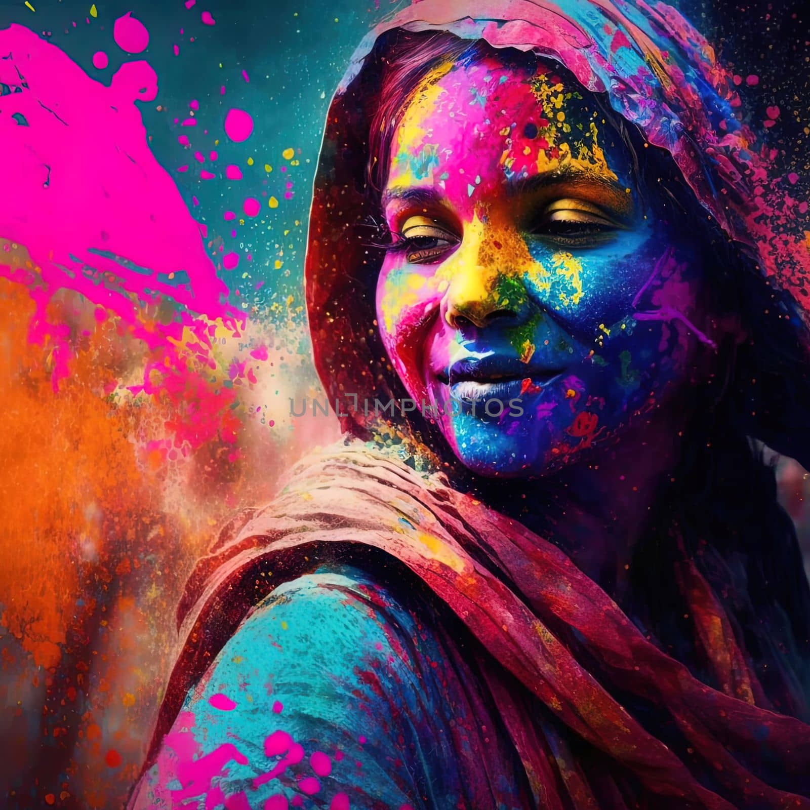 A girl with paint on her face at the Holi festival background