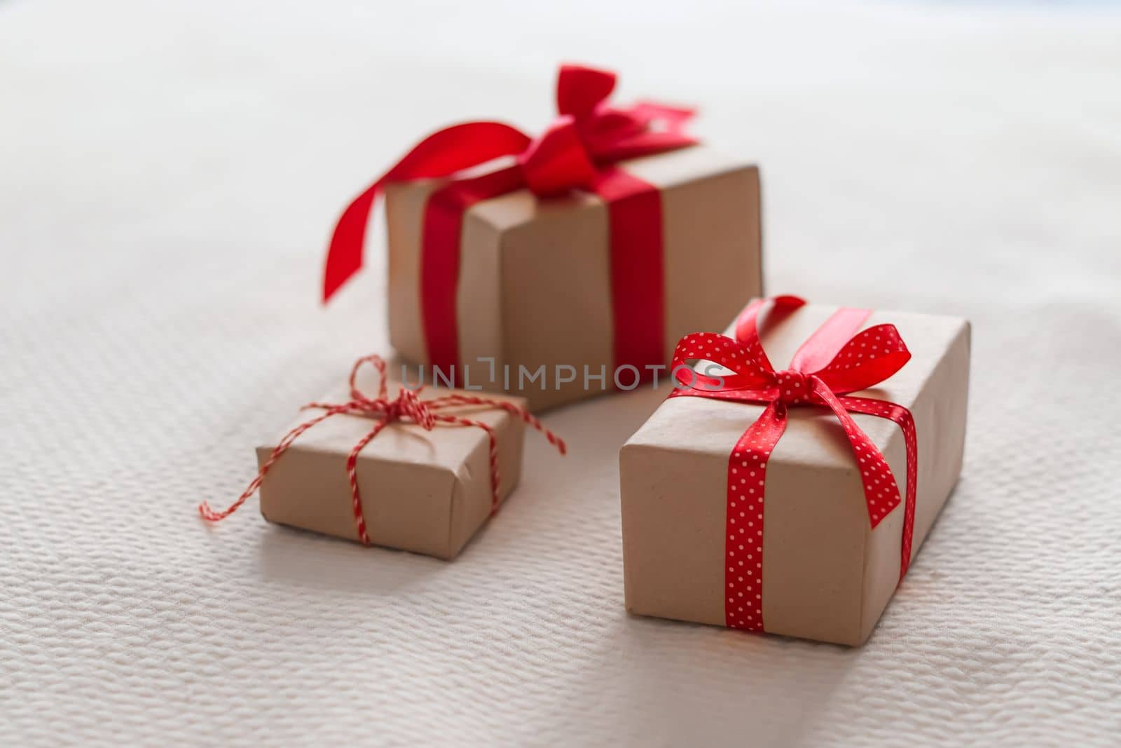 Valentines Day, birthday and holidays, gifts and presents with red ribbons.