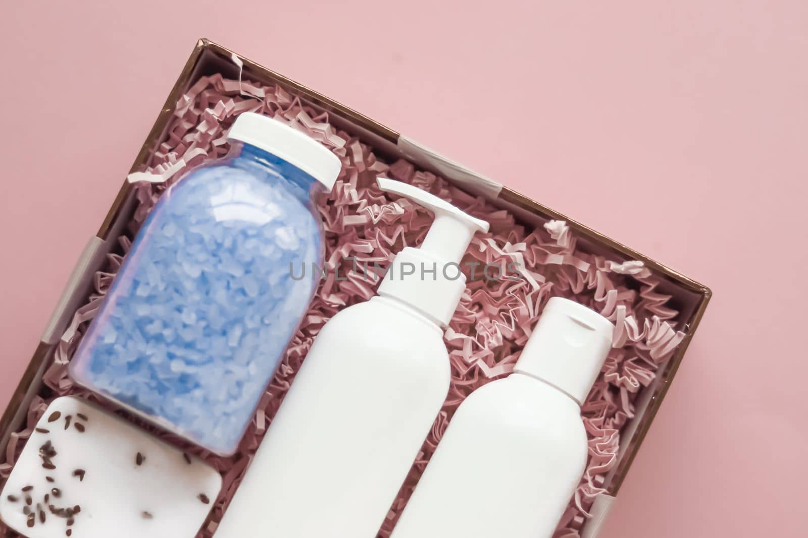 Beauty box subscription package, luxury skincare and body care products, milk lotion, bath salt, soap, shower gel as flat lay, spa cosmetics as holiday gift, online shopping delivery, flatlay.