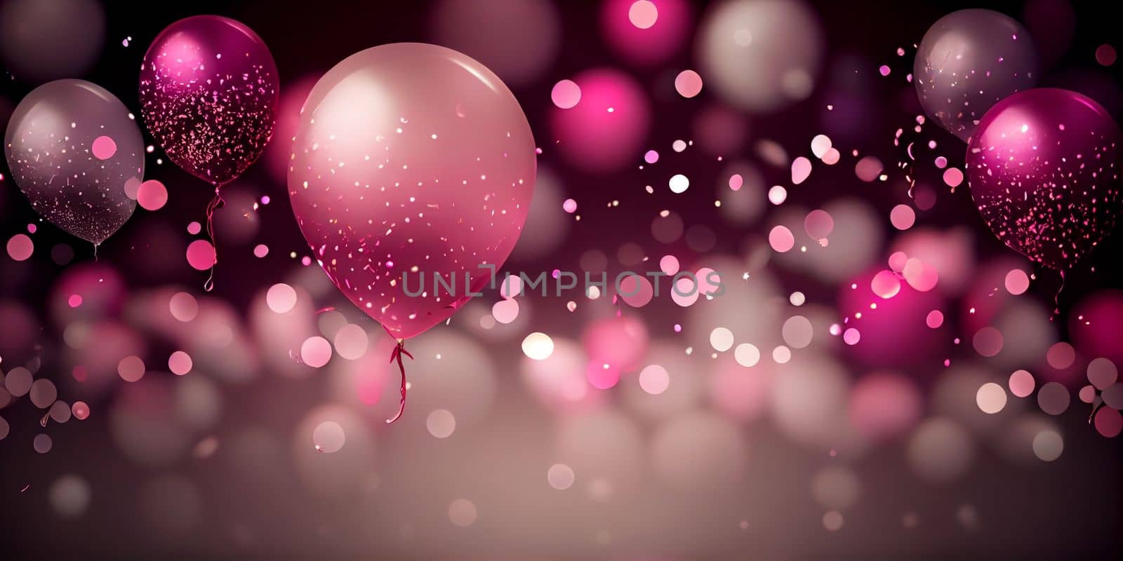 Pink birthday balloons over abstract background. AI Generative.