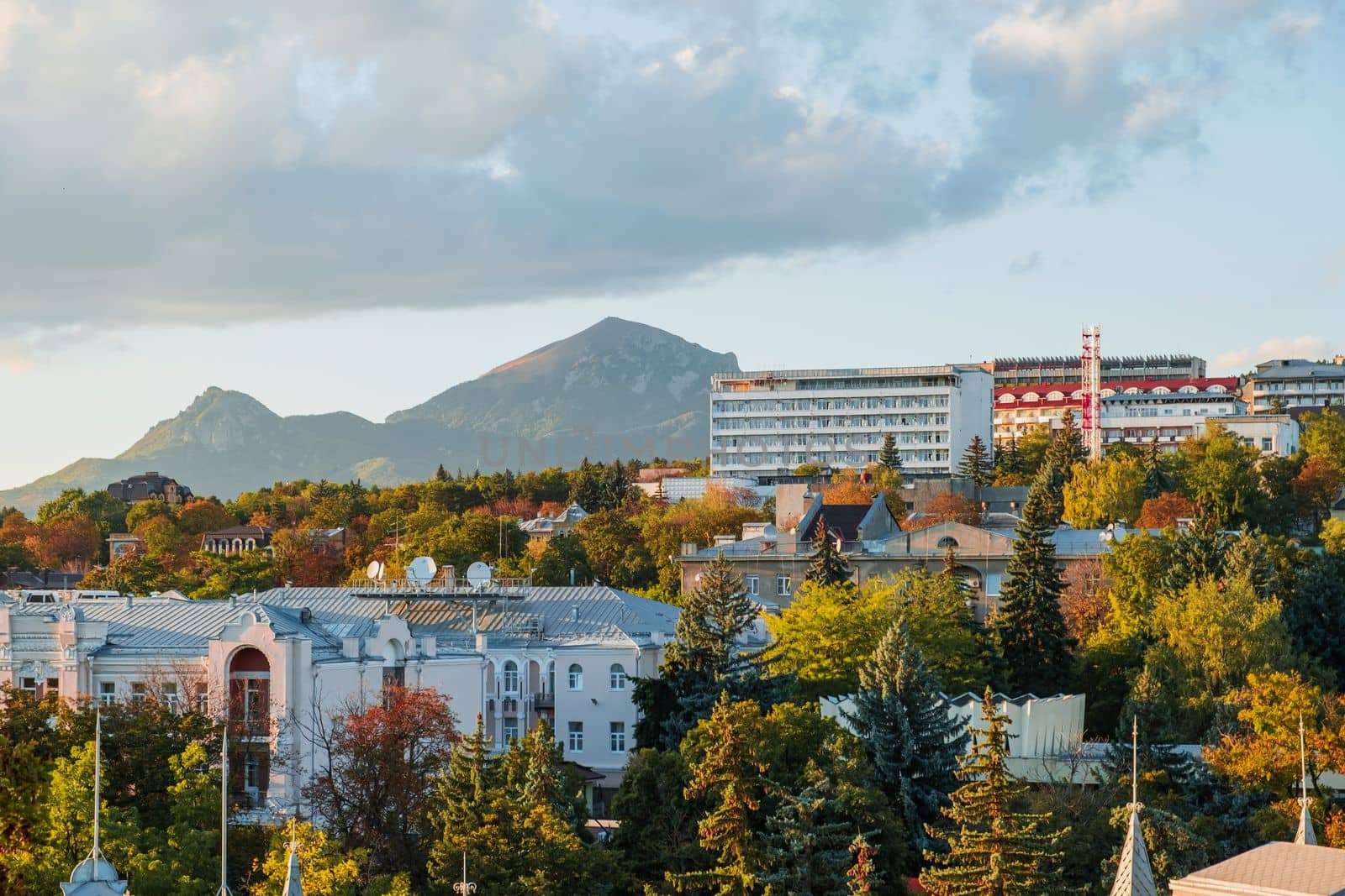 View of Pyatigorsk and Mount Beshtau before sunset. by OlgaGubskaya