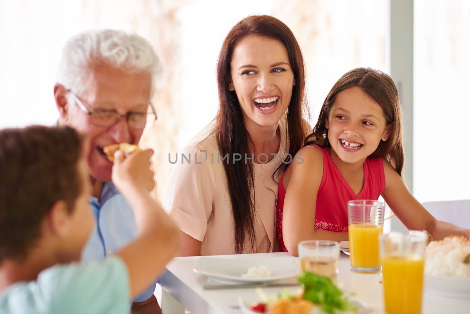 Good food and family fun. a family having lunch together