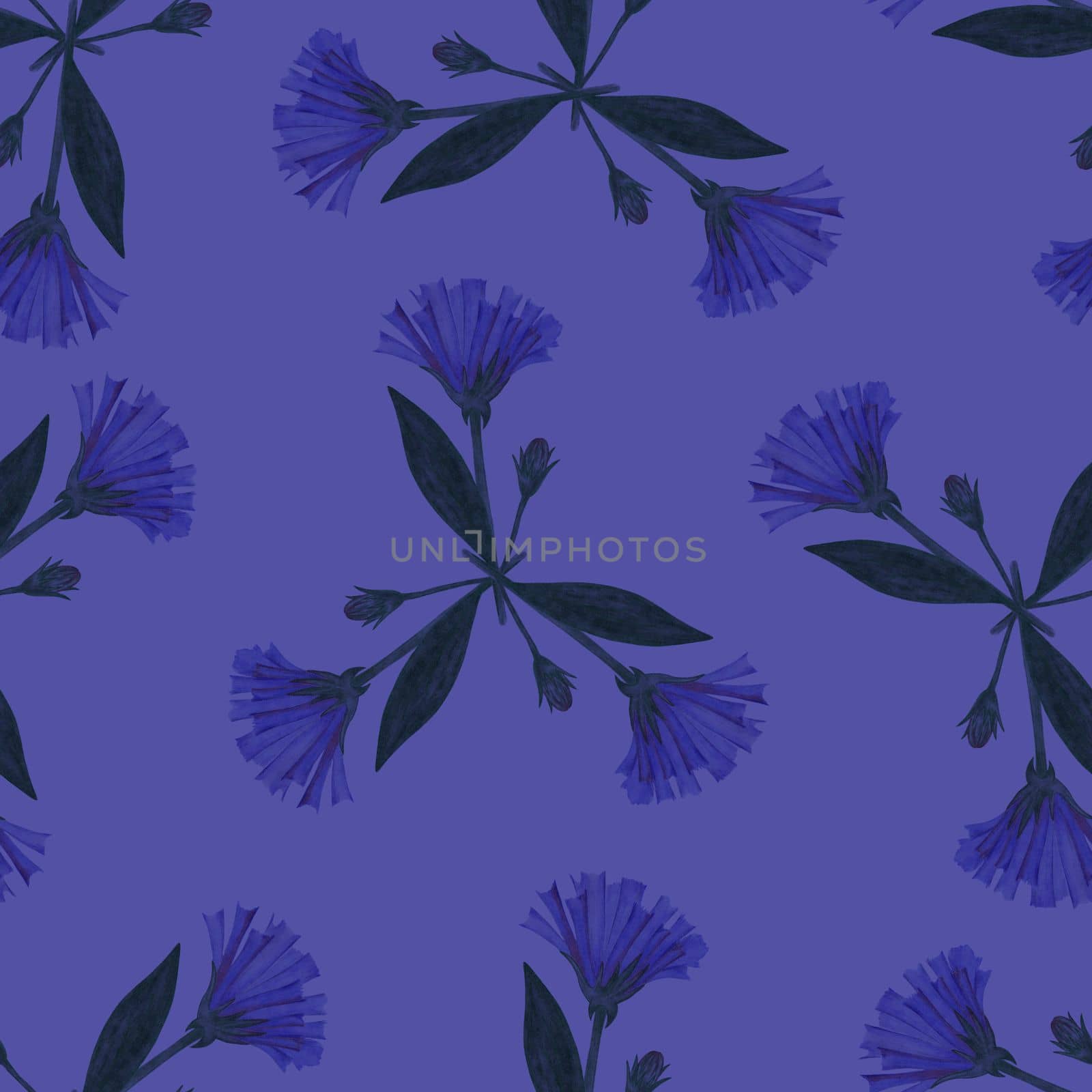Seamless Pattern with Hand-Drawn Blue Flowers. Blue Background with Cornflowers for Print, Design, Holiday, Wedding and Birthday Card.