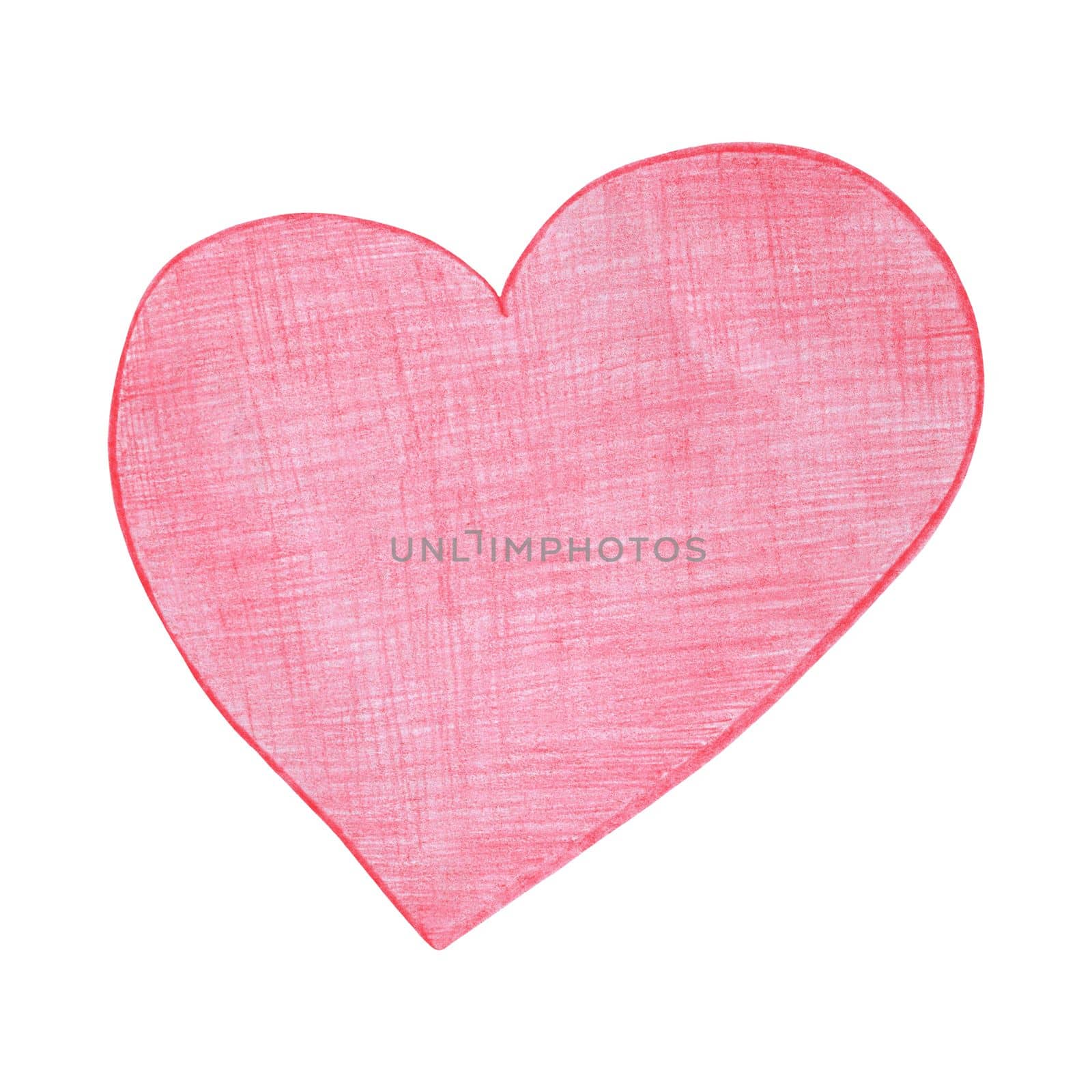 Red Heart Drawn by Colored Pencil. The Sign of World Heart Day. Symbol of Valentines Day. Heart Shape Isolated on White Background.