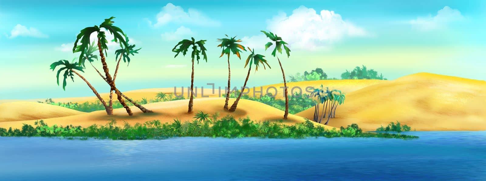 Palm trees on a sandy river bank at day. Digital Painting Background, Illustration.