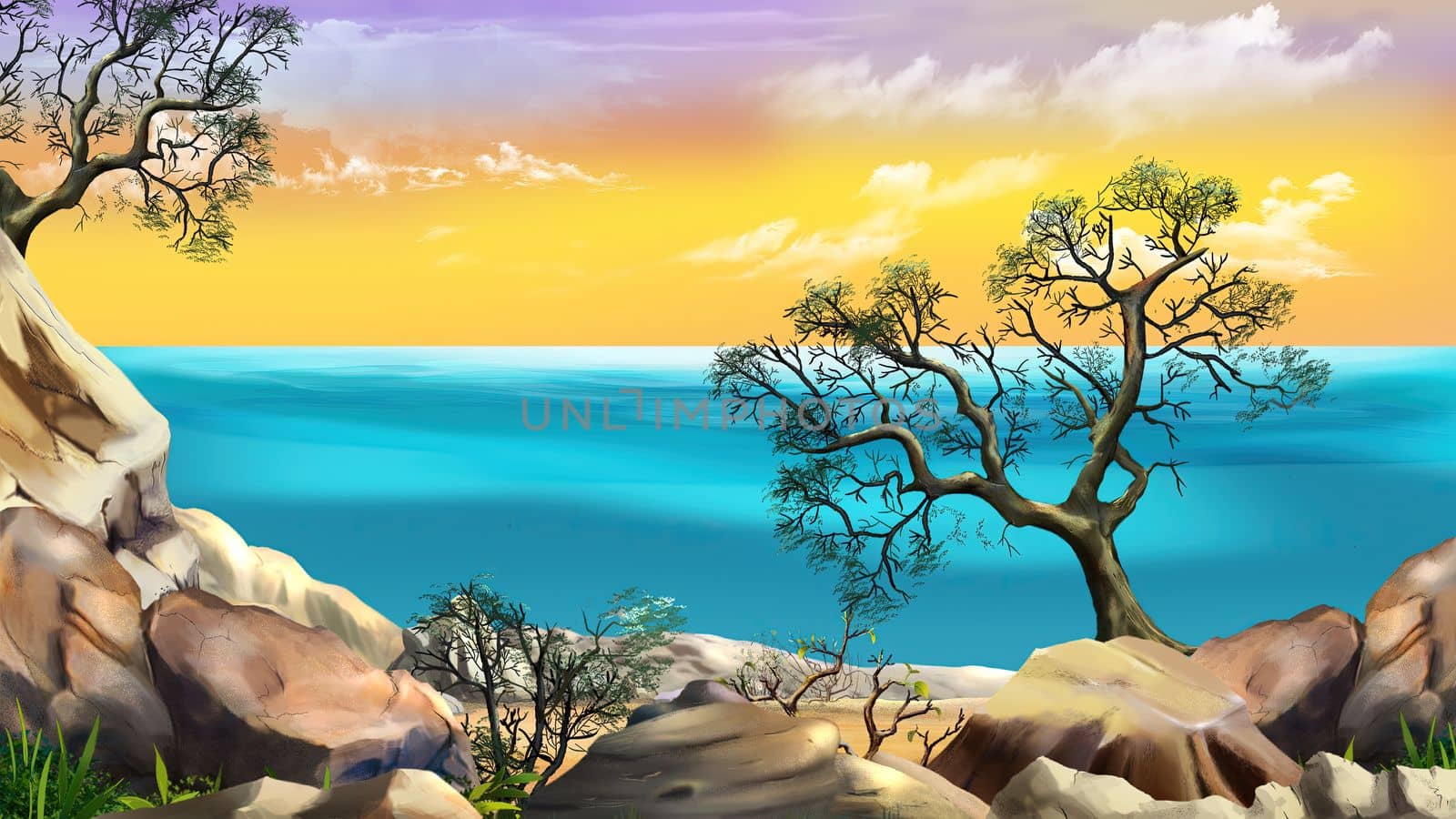 Sea View from the Cliff at Dawn against the Yellow Sky. Digital Painting Background, Illustration in cartoon style character.