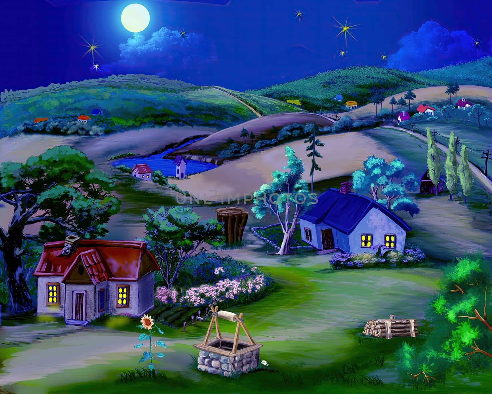 Fairy Tale Moonlight Summer Night in the Village. Digital Painting Background, Illustration.