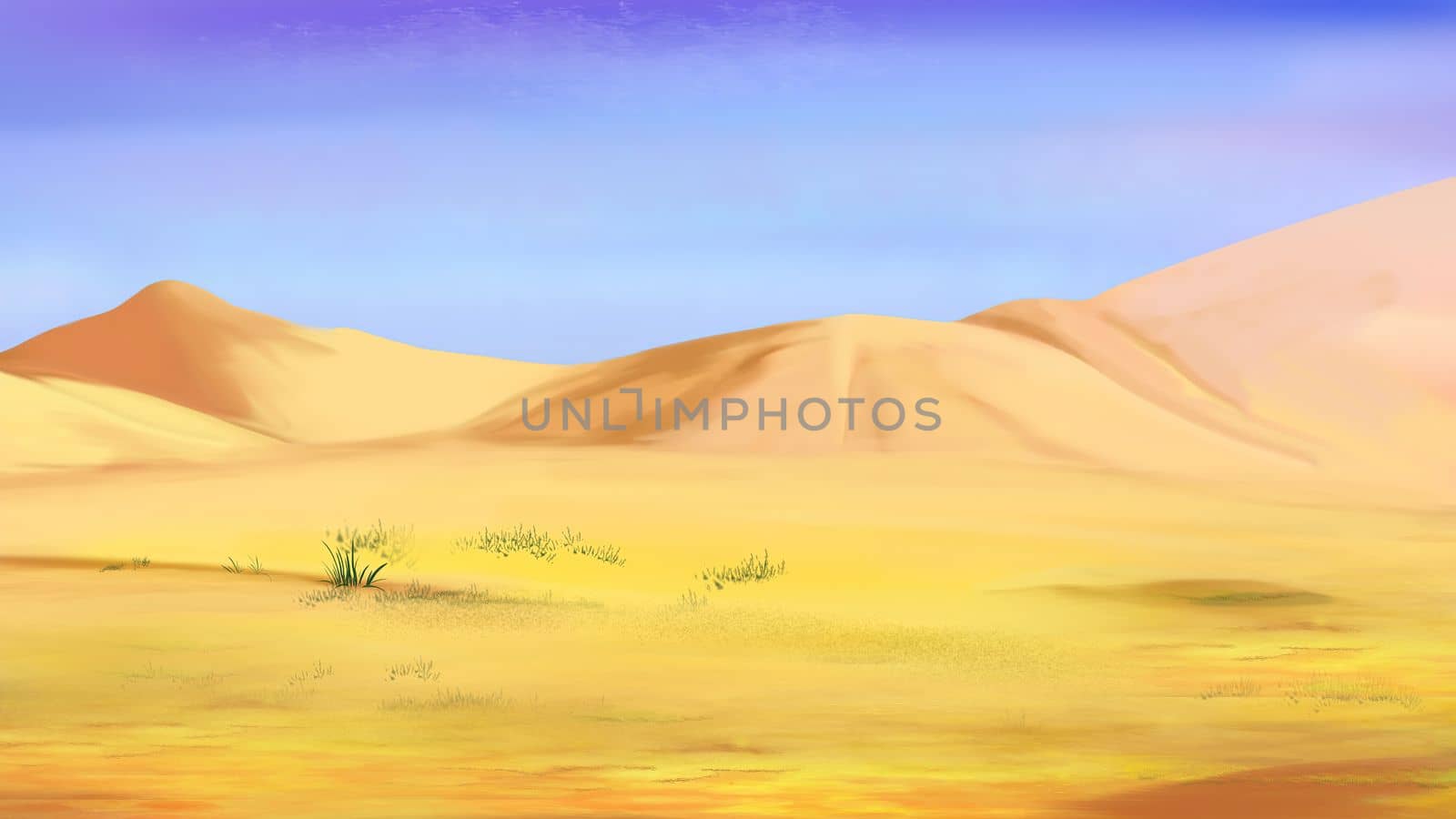 Desert landscape with yellow Sand dunes at day. Digital Painting Background, Illustration.