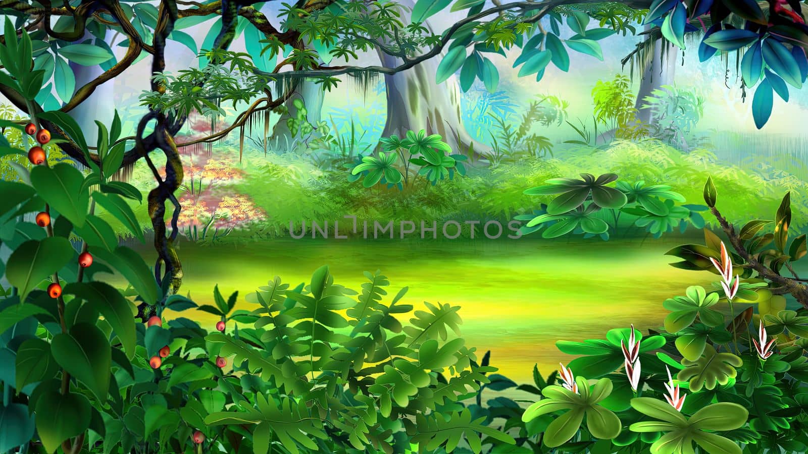 Rainforest plants on a sunny day. Digital Painting Background, Illustration.