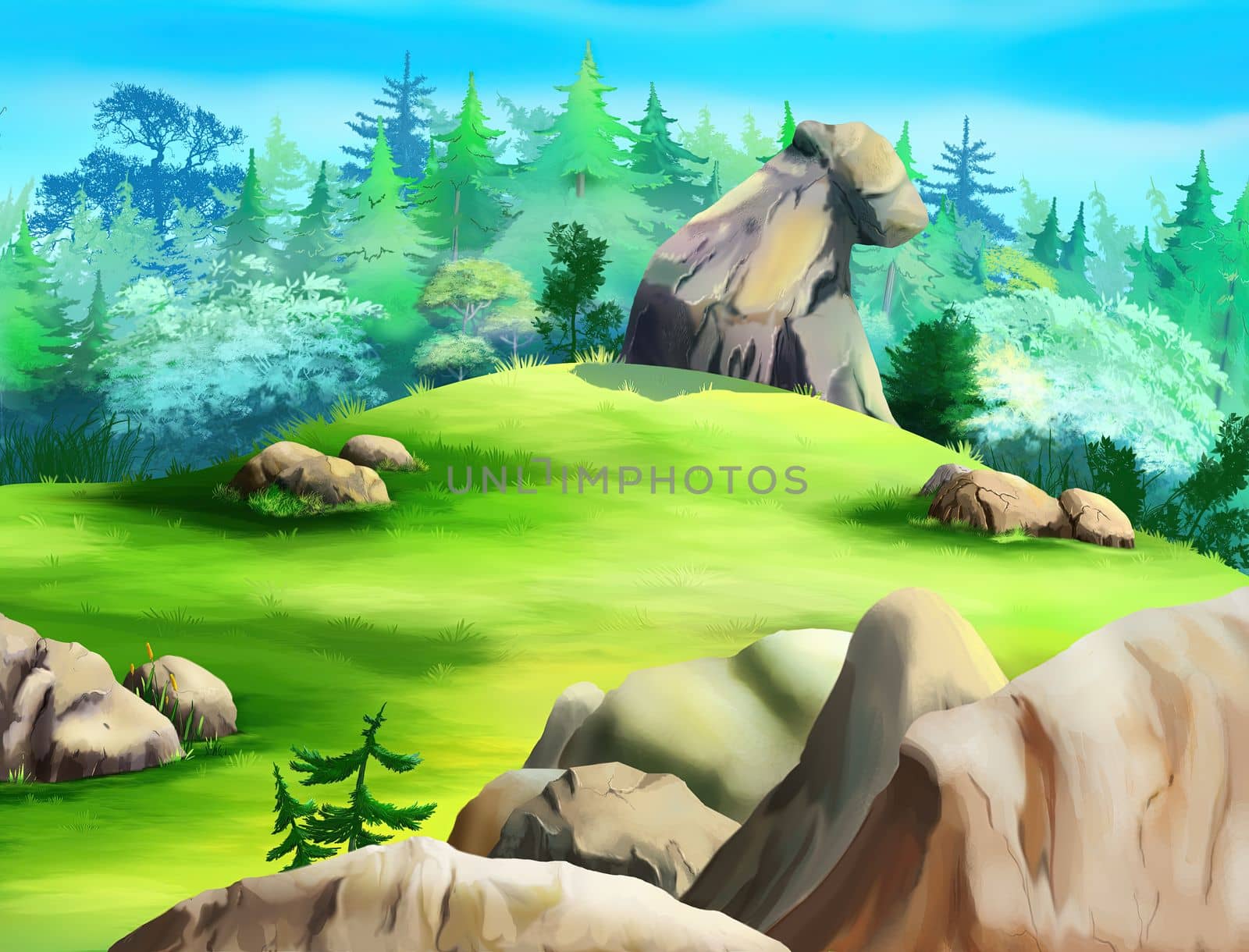 Big Stone block in the forest on a sunny day. Digital Painting Background, Illustration.