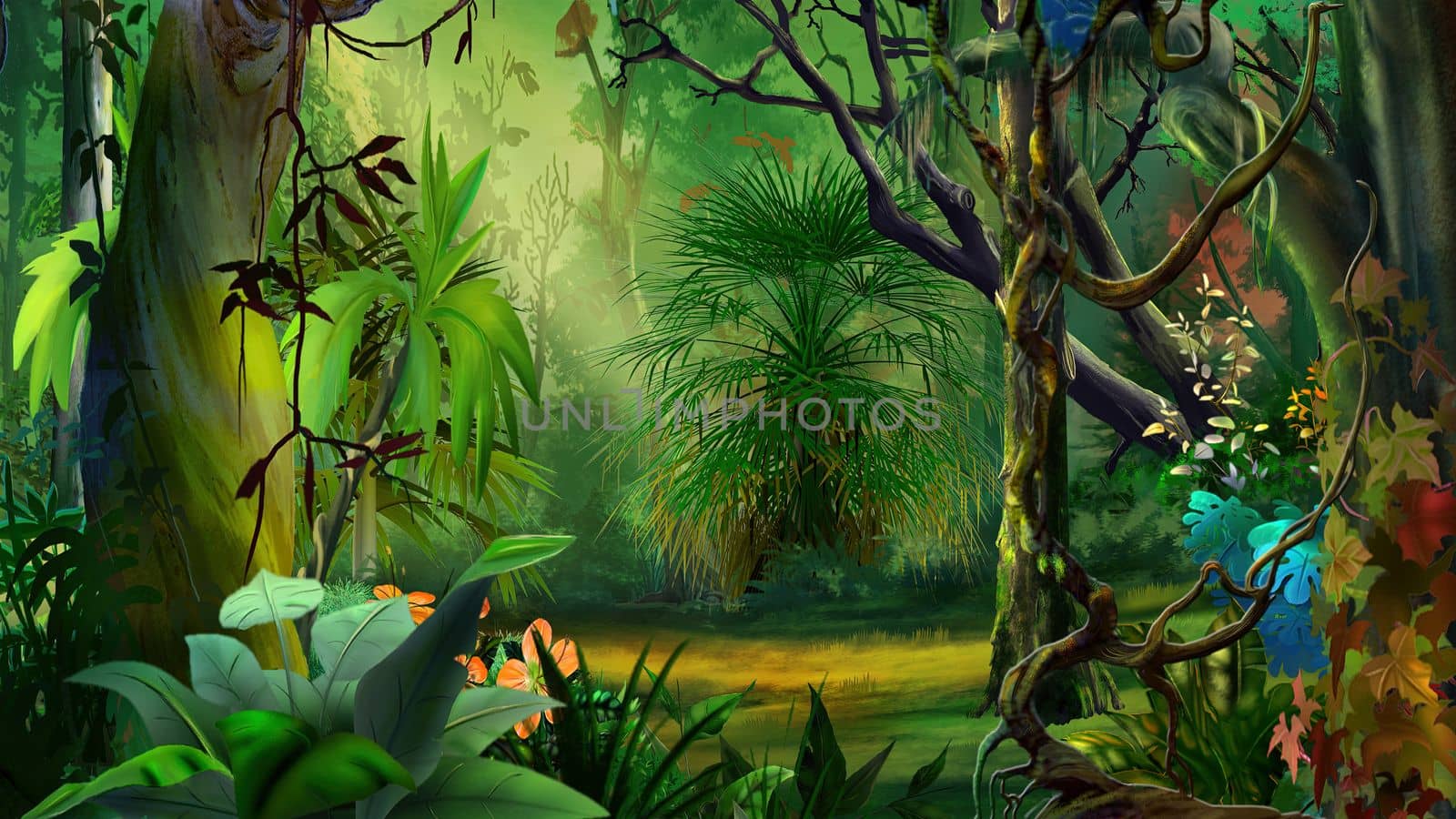 Rainforest tropical plants in the forest thicket at day. Digital Painting Background, Illustration.