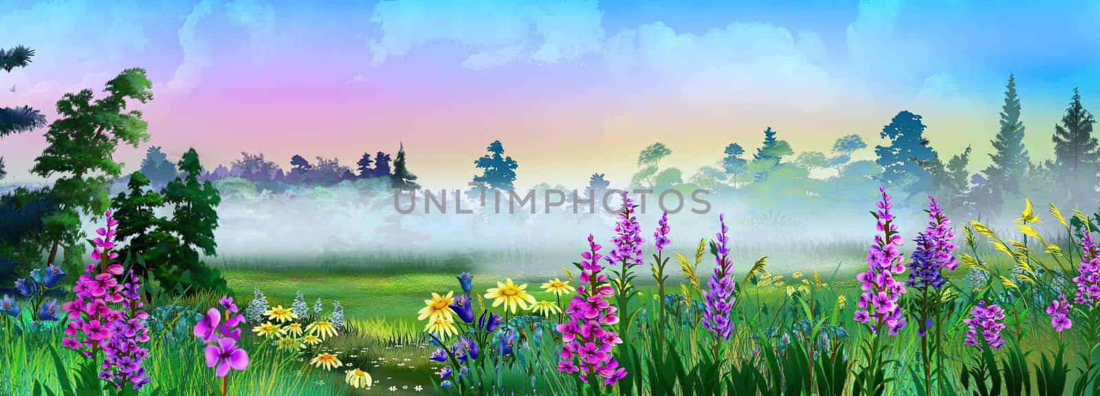 Wild flowers against the background of morning mist. Digital Painting Background, Illustration.