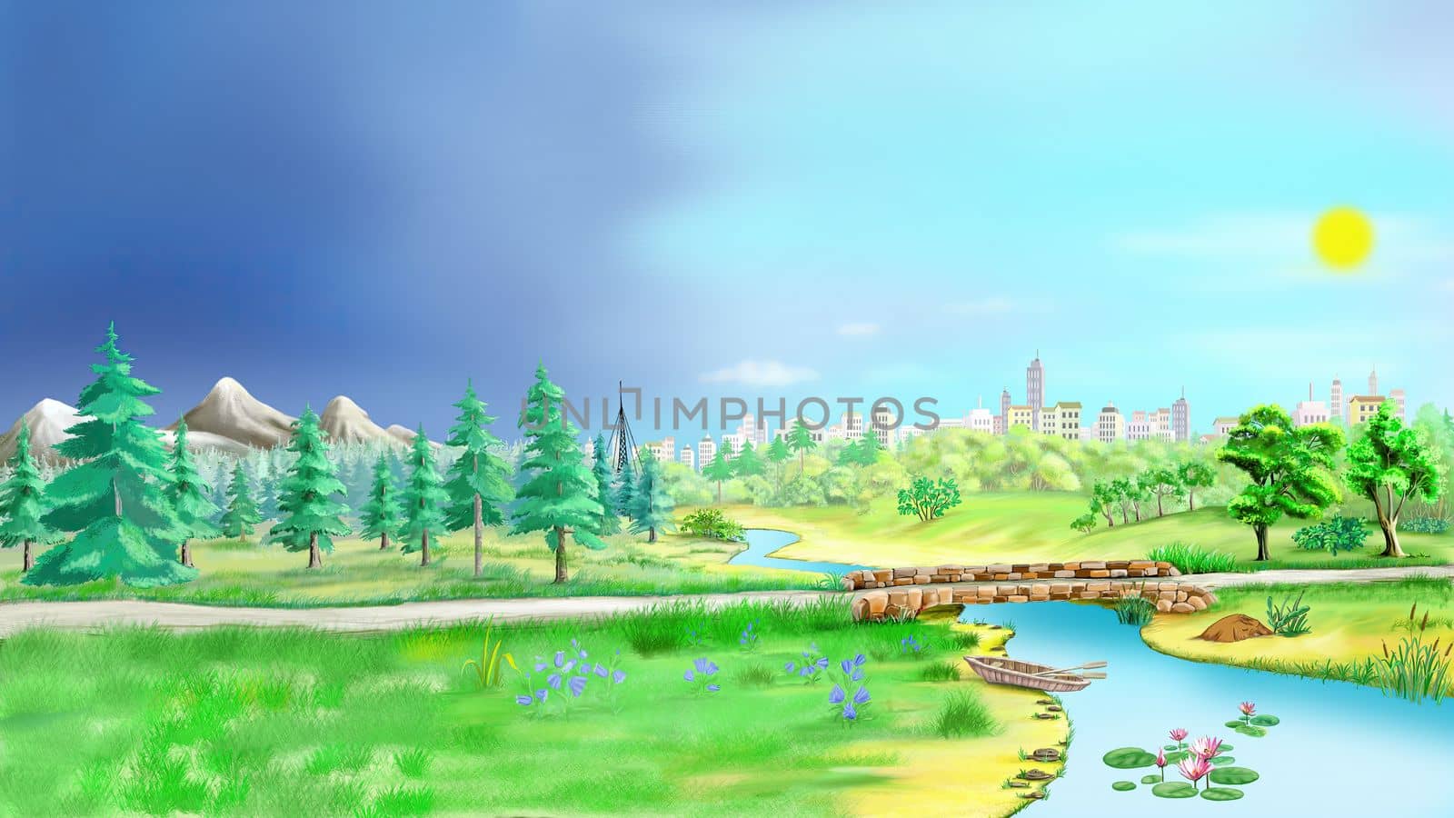 View of the bridge over the river against the backdrop of the countryside on a sunny summer day. Digital Painting Background, Illustration.