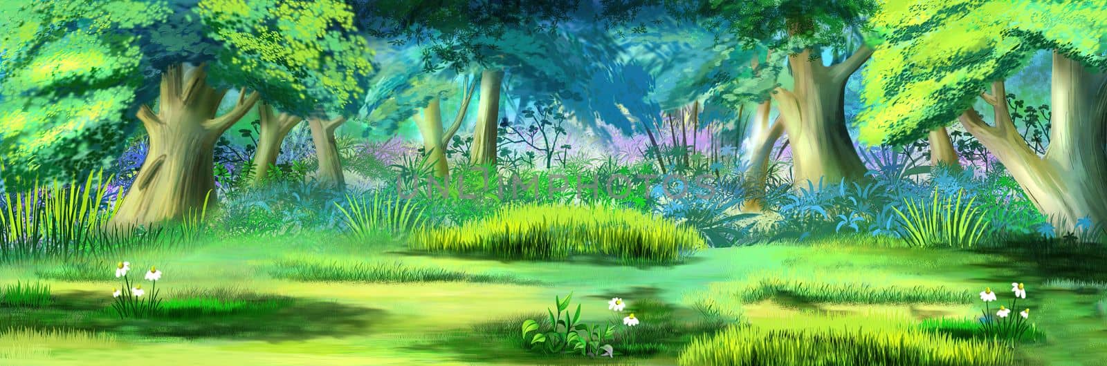 Deciduous forest on a sunny summer day. Digital Painting Background, Illustration.