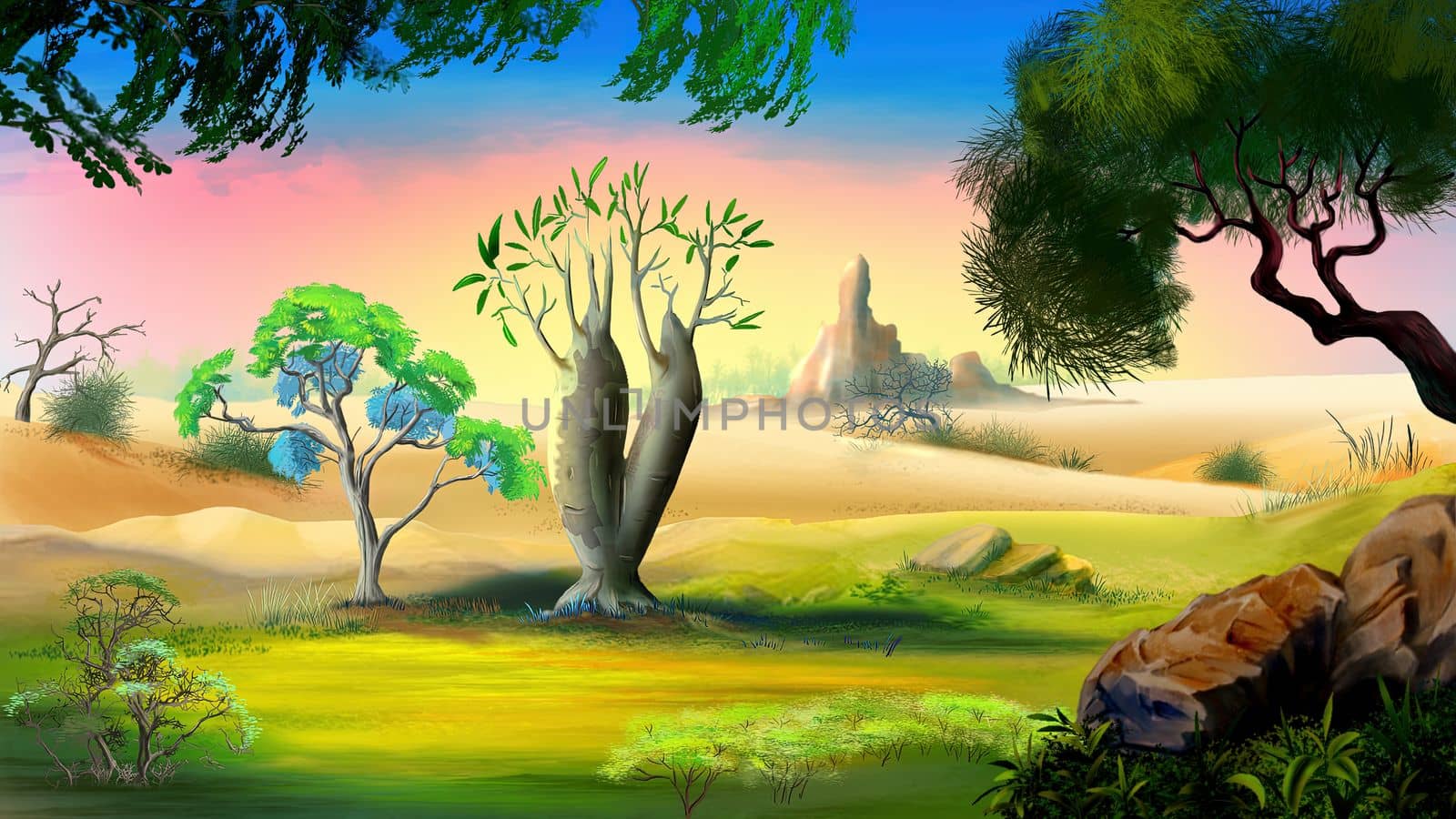 Australian bottle tree in the nature on a sunny day. Digital Painting Background, Illustration.