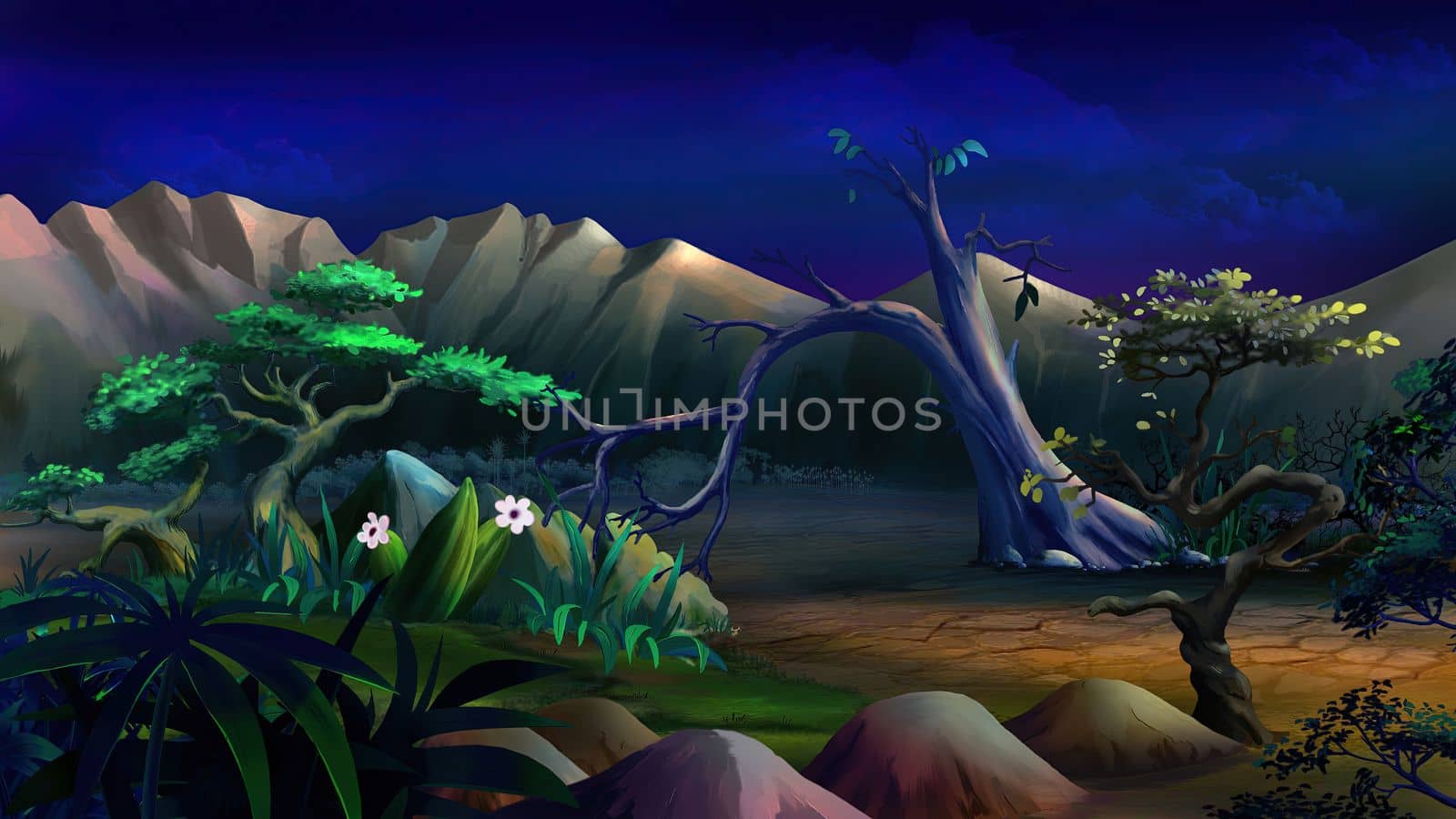Oasis plants in desert area near a mountains at the hot summer night. Digital Painting Background, Illustration.