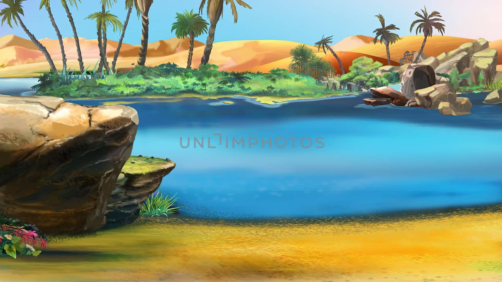 Lake and plants in an oasis in the middle of the desert on a hot day. Digital Painting Background, Illustration.