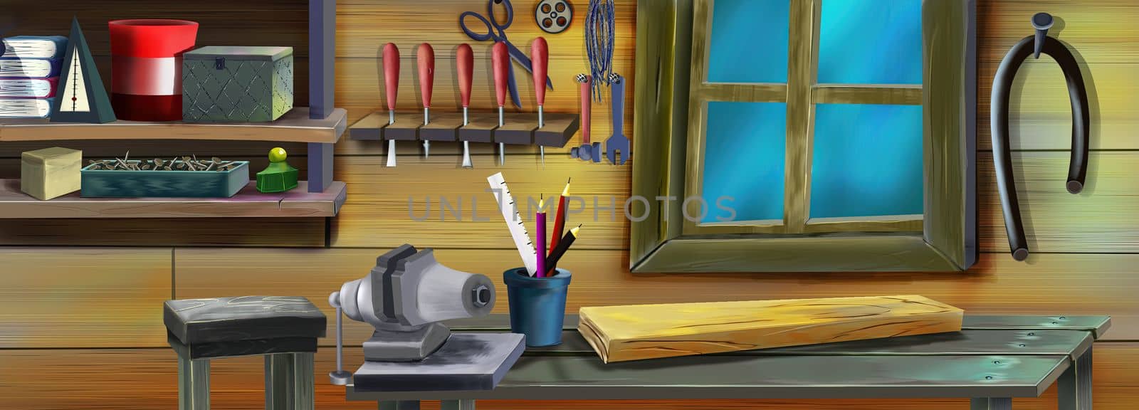 Home workshop interior. Digital Painting Background, Illustration.