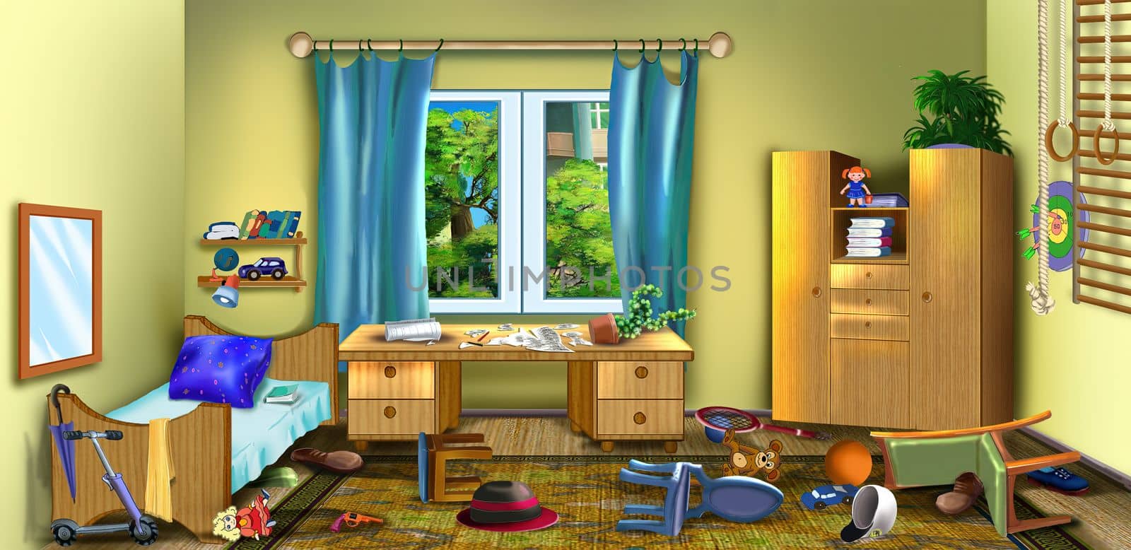 Mess in the child's room on a summer day. Digital Painting Background, Illustration.