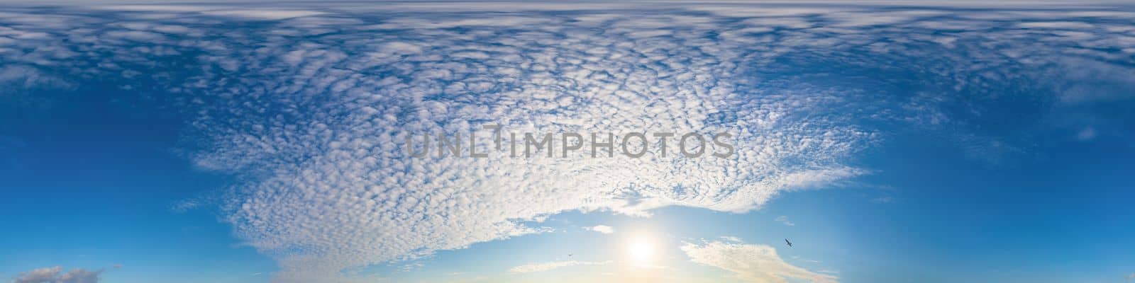 Blue summer sky panorama with light Cirrus clouds. Hdr seamless spherical equirectangular 360 panorama. Sky dome or zenith for 3D visualization and sky replacement for aerial drone 360 panoramas. by panophotograph