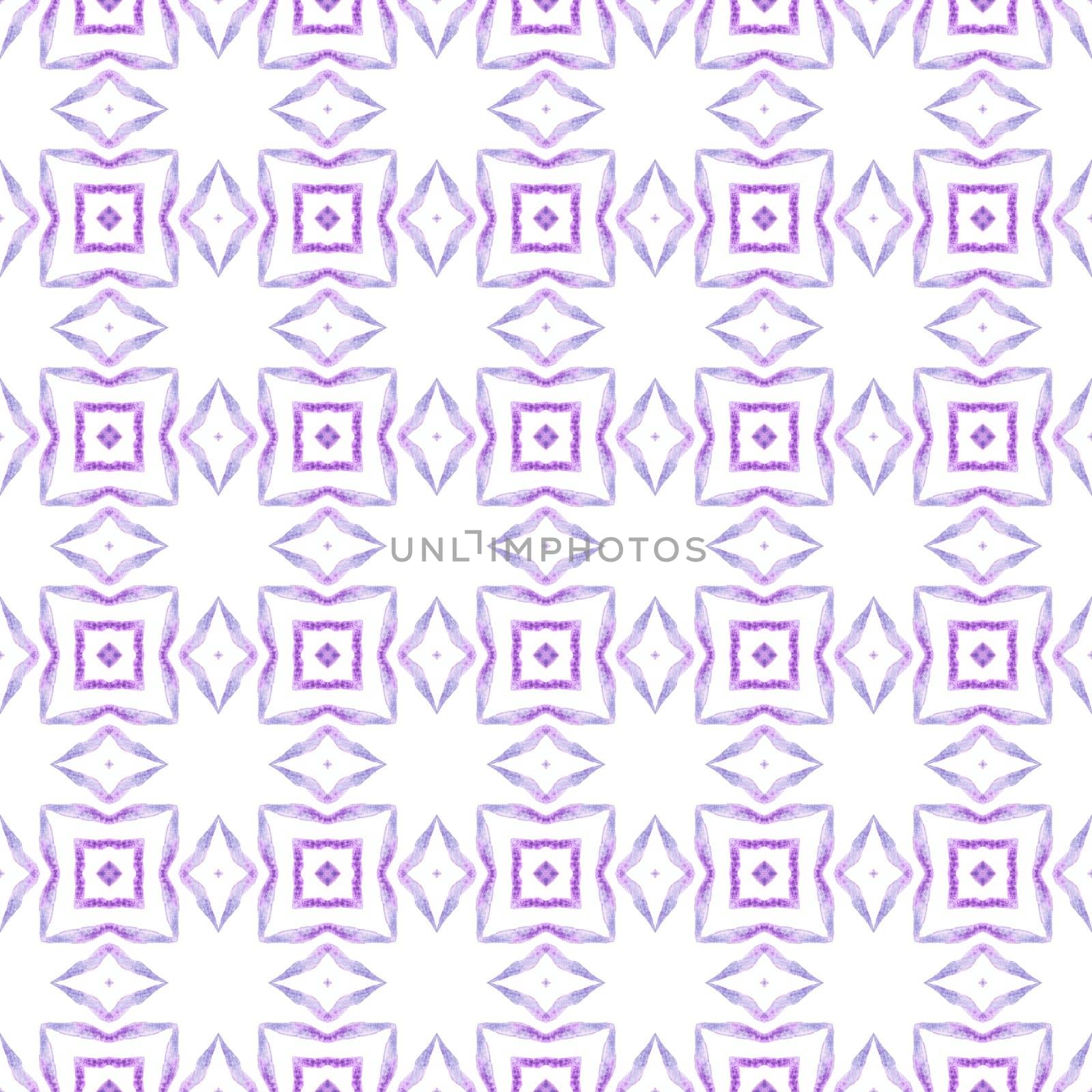 Watercolor ikat repeating tile border. Purple exceptional boho chic summer design. Textile ready marvelous print, swimwear fabric, wallpaper, wrapping. Ikat repeating swimwear design.