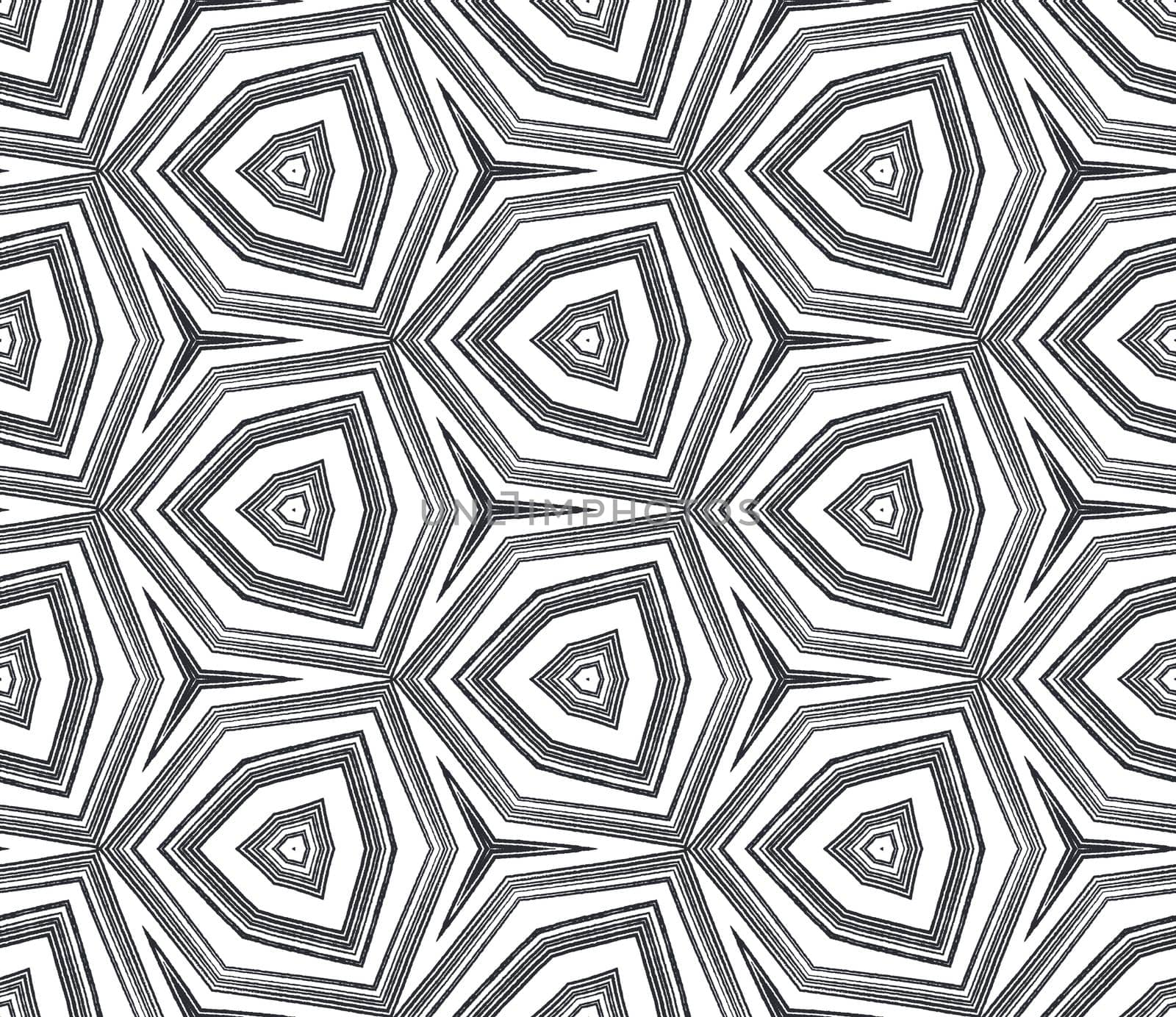 Striped hand drawn pattern. Black symmetrical kaleidoscope background. Repeating striped hand drawn tile. Textile ready memorable print, swimwear fabric, wallpaper, wrapping.