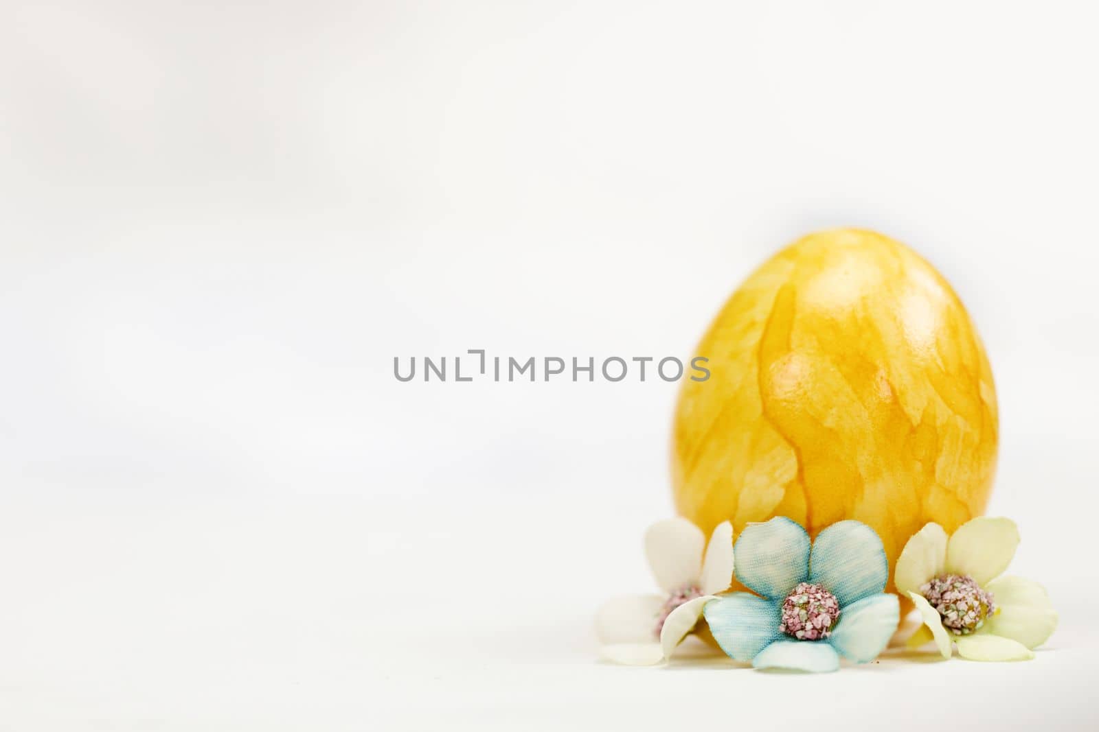 Easter eggs painted in pastel colors on a white background with copy space and cute spring flowers, Happy Easter Holiday concept with space for text. Yellow pink and blue by Annebel146