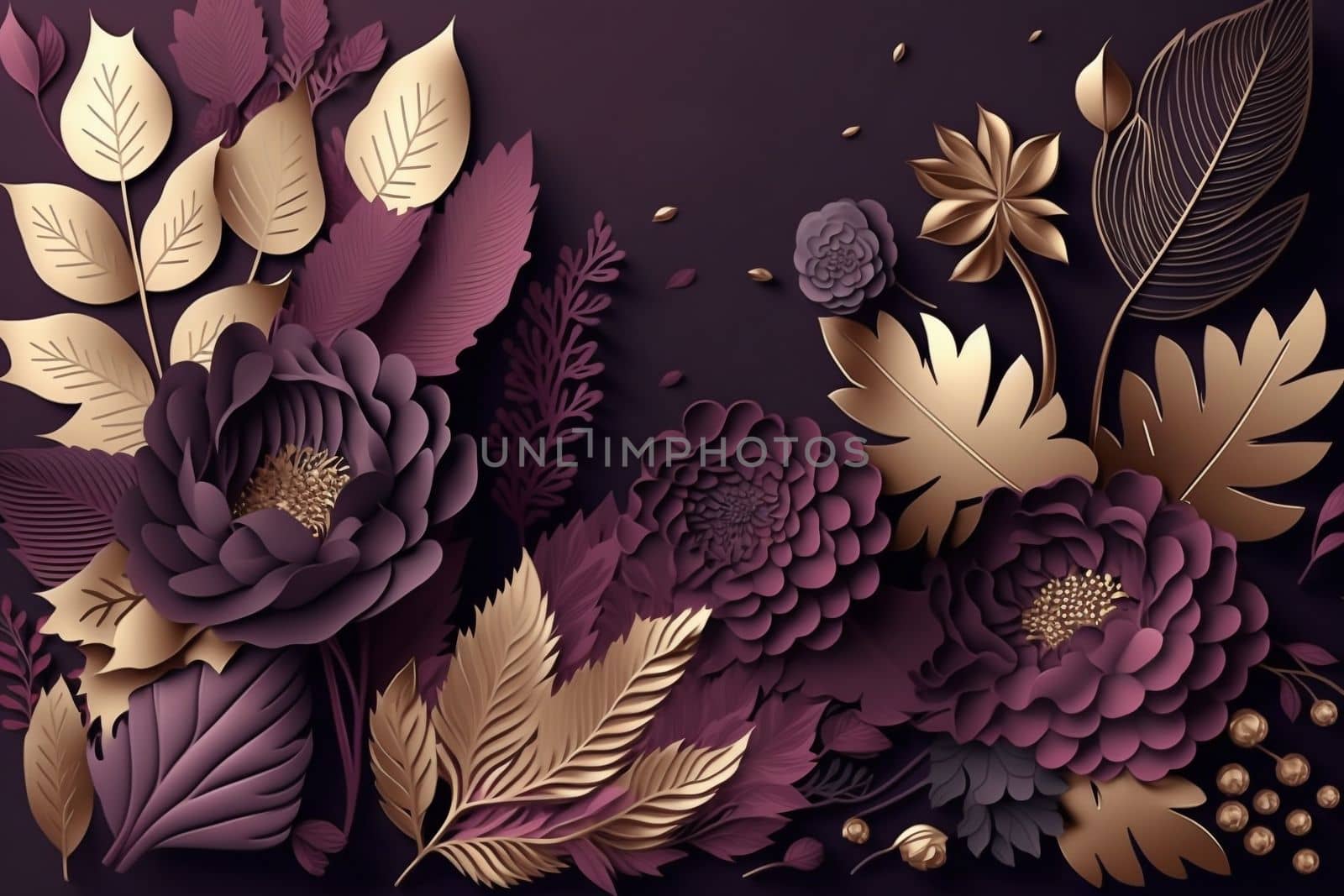 3d paper flowers and leaves background in plum, violet and gold, floral botanical wallpaper. AI generated illustration. Design for greeting card background, beauty products, fashion, template banner.