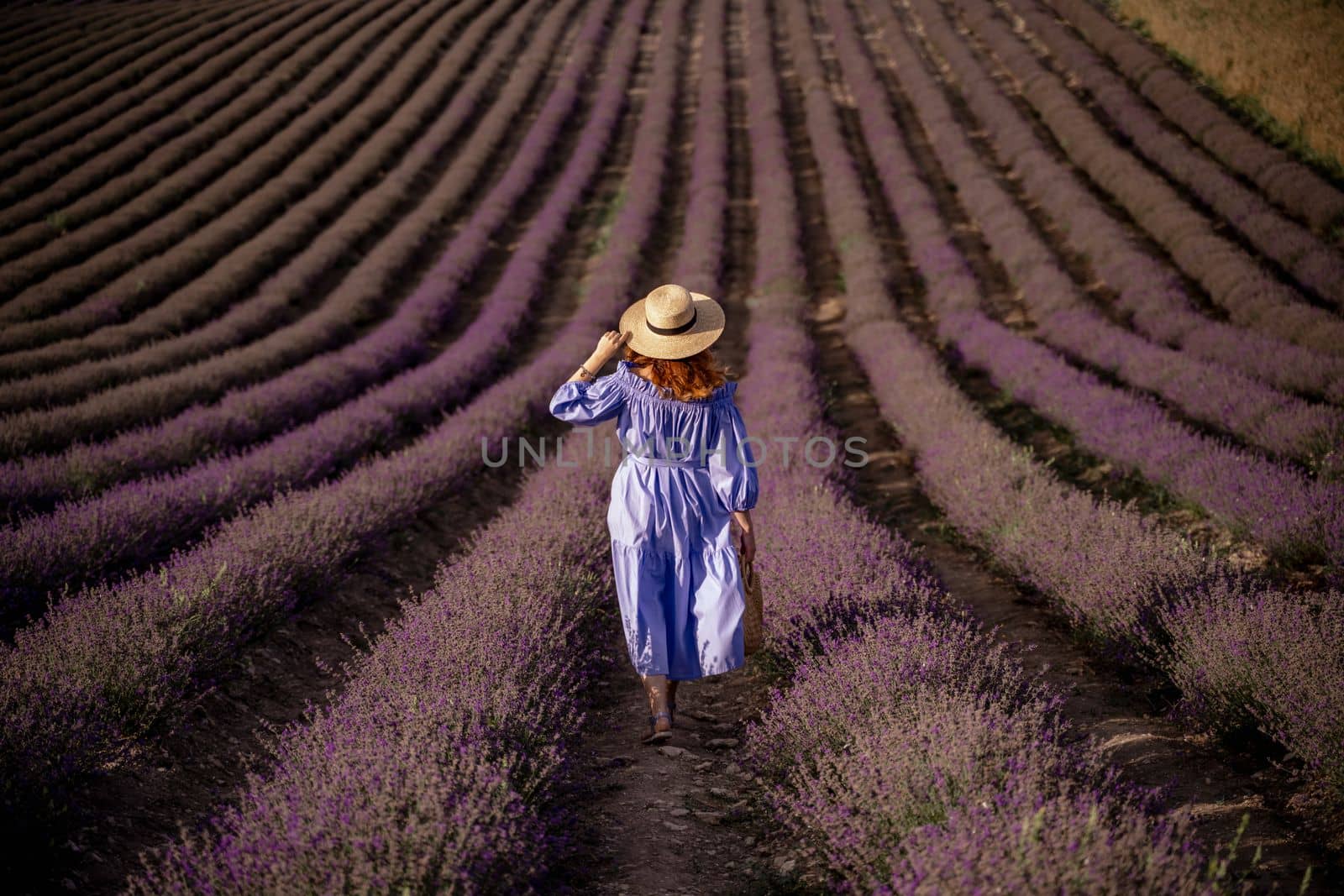 Lavender is a woman. A happy middle-aged woman, in a blue dress and hat, walks through a lavender field.