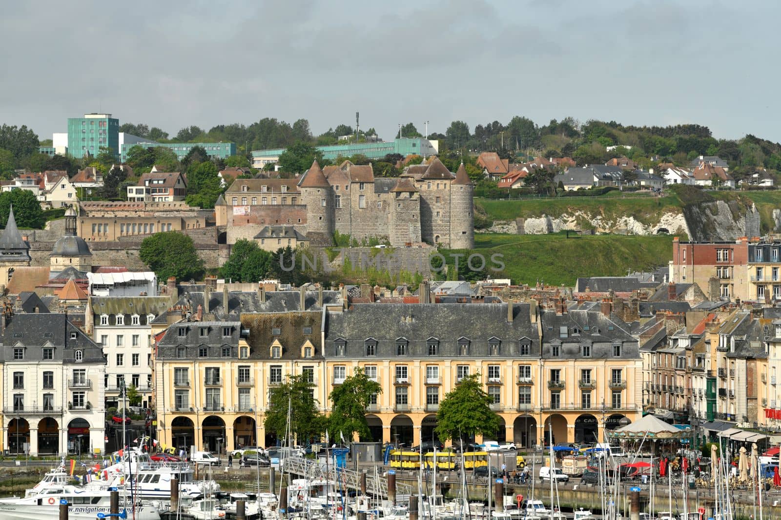 DIEPPE, FRANCE - MAY 12, 2022: Top view from above to the city of Dieppe and the castle
