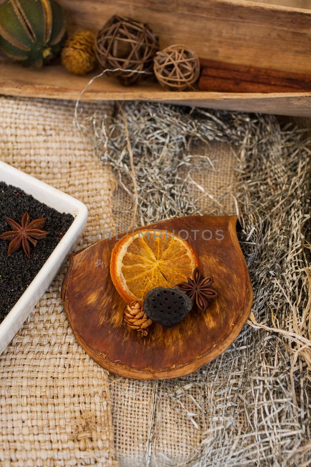 Top view of delicious dried slice orange, anise and other dried fruits