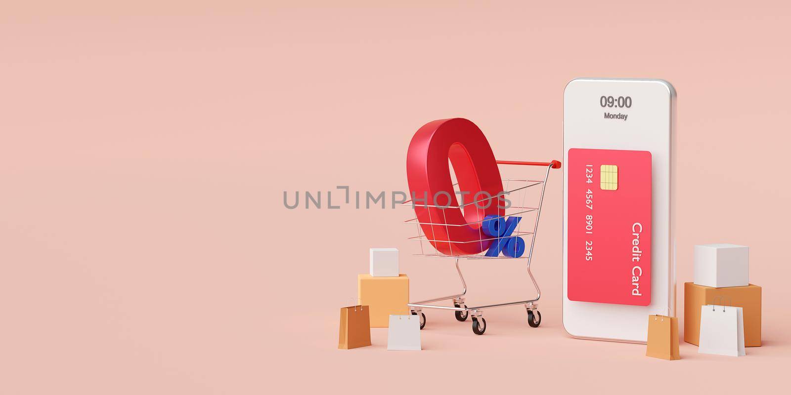 Shopping online on smartphone with special offer 0% interest installment payments, 3d illustration by nutzchotwarut