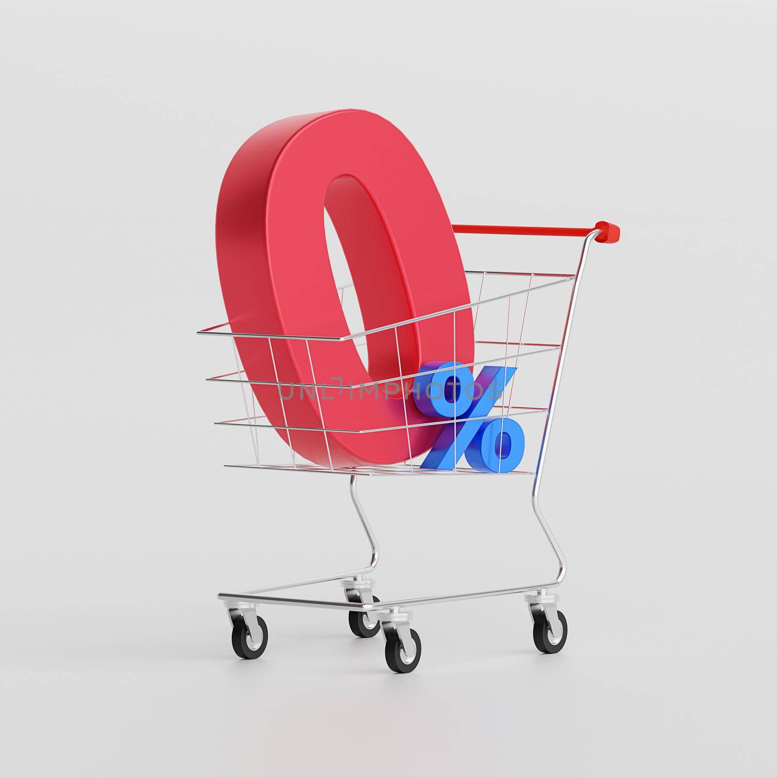 Zero percent, 0% interest special offer installment payment with cart, 3d illustration