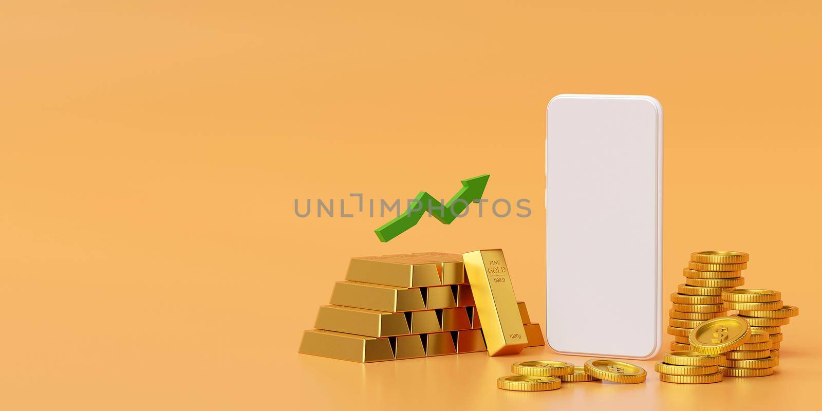 Mockup of smartphone with gold and golden coin, 3d rendering