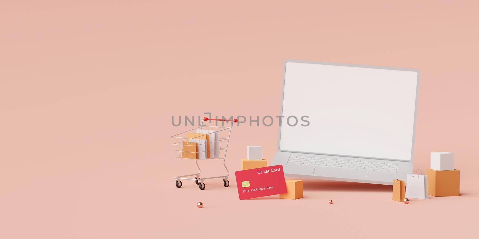 Shopping online on laptop concept, 3d rendering