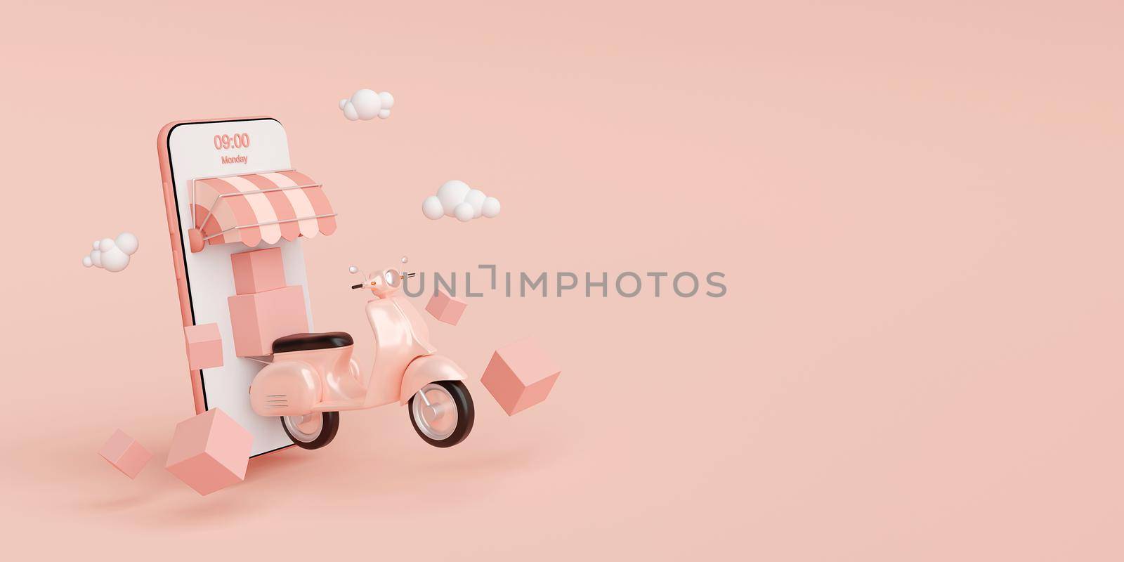 E-commerce concept, Delivery service on mobile application, Transportation or food delivery by scooter, 3d rendering by nutzchotwarut