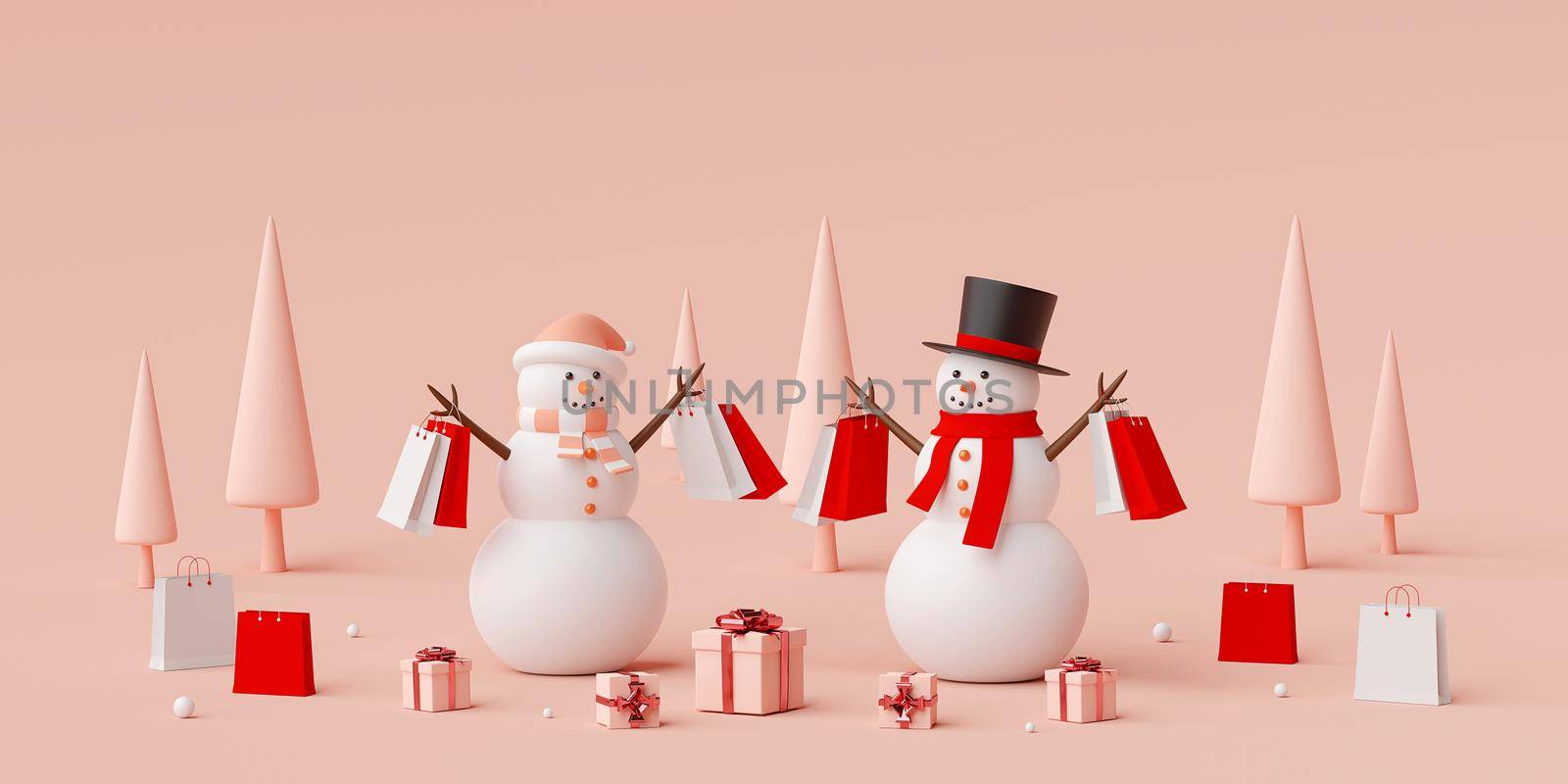 Christmas advertisement banner for web design, Snowman holding shopping bag with Christmas gifts, 3d rendering by nutzchotwarut