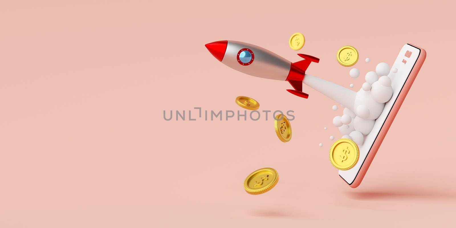 Business start-up concept, Rocket launching from smartphone with dollar coin, 3d rendering by nutzchotwarut
